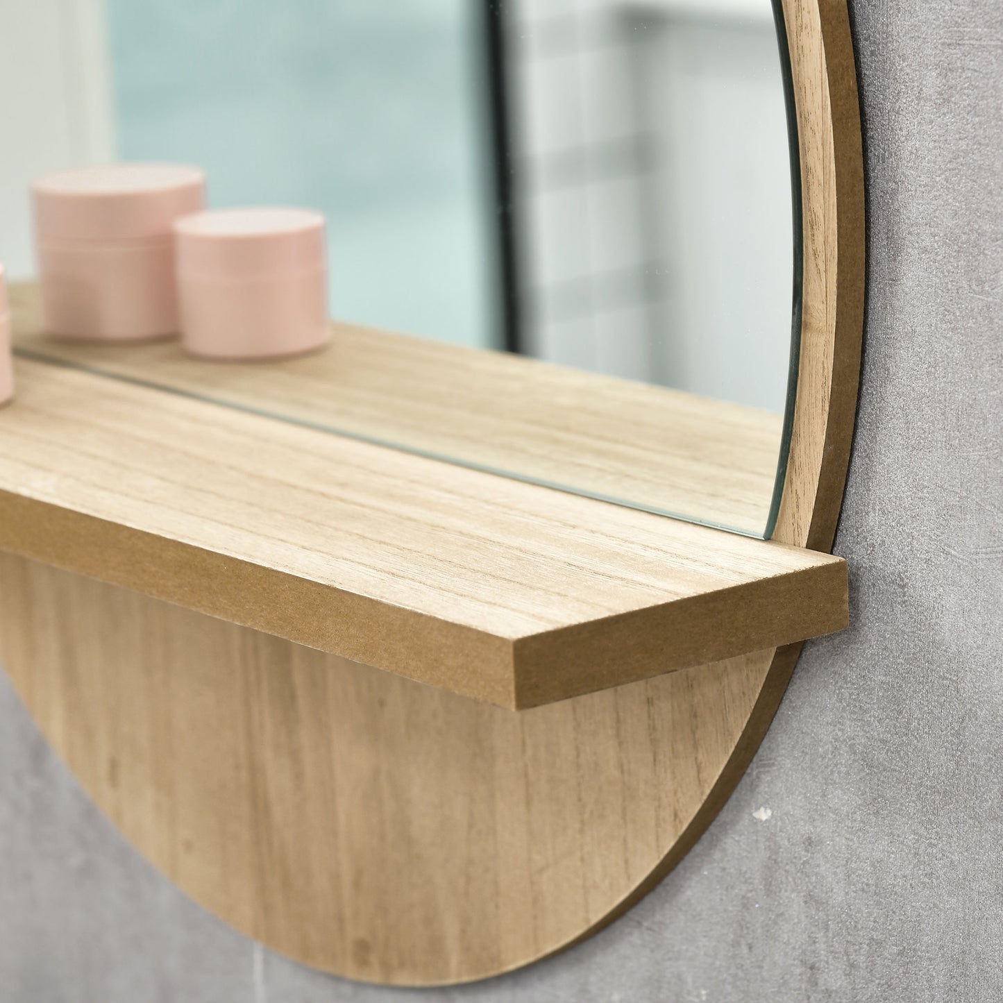 Kleankin 45cm Wall Mounted Bathroom Mirror, Round Mirror with Shelf, Framed Makeup Mirror for Home Decoration, Natural Wood Effect