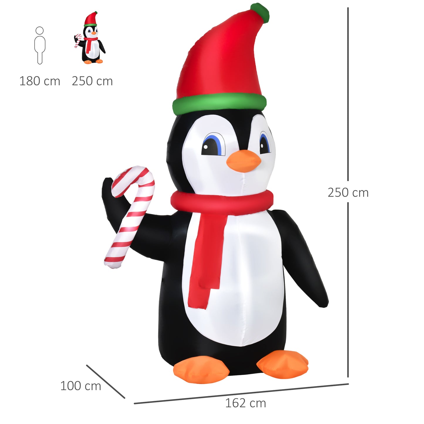 2.5m Inflatable Penguin Holding Candy Cane Blow Up Outdoor Decoration With LED Lights