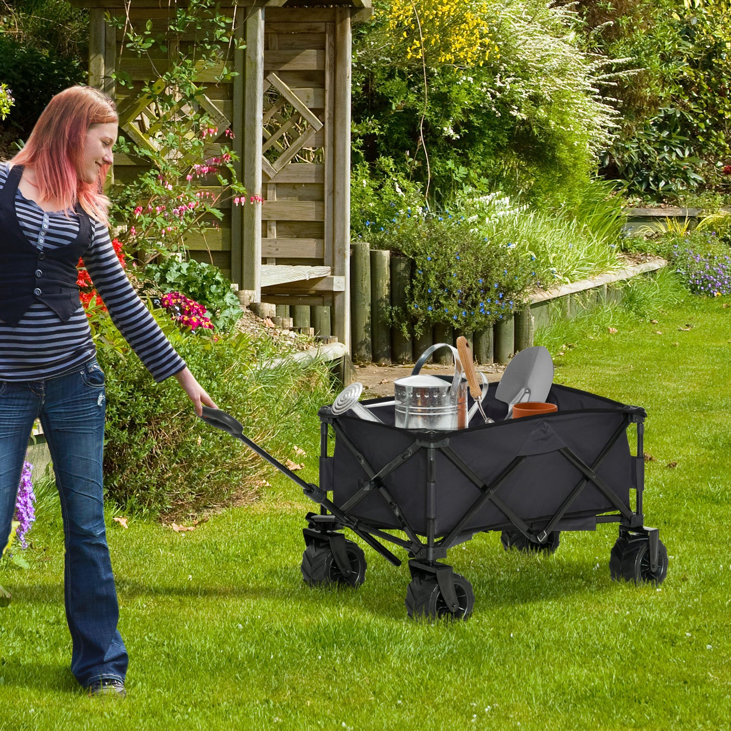 Outdoor Folding Garden Trolley on Wheels, Camping Cargo Wagon Cart Trailer w/ Handle, Wheels for Beach Garden, Black