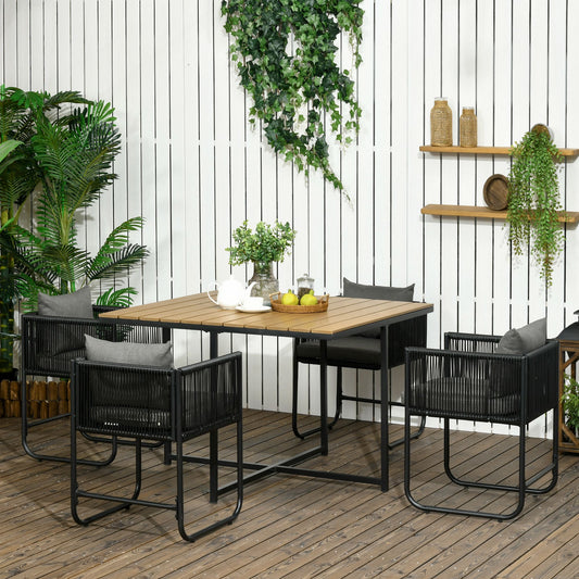 Patio 5 Piece PE Rattan Dining Set, Garden Round Wicker 4-seater Rattan Cube Dining Sets, w/ Wood Grain Plastic Top, Space-saving Design Black