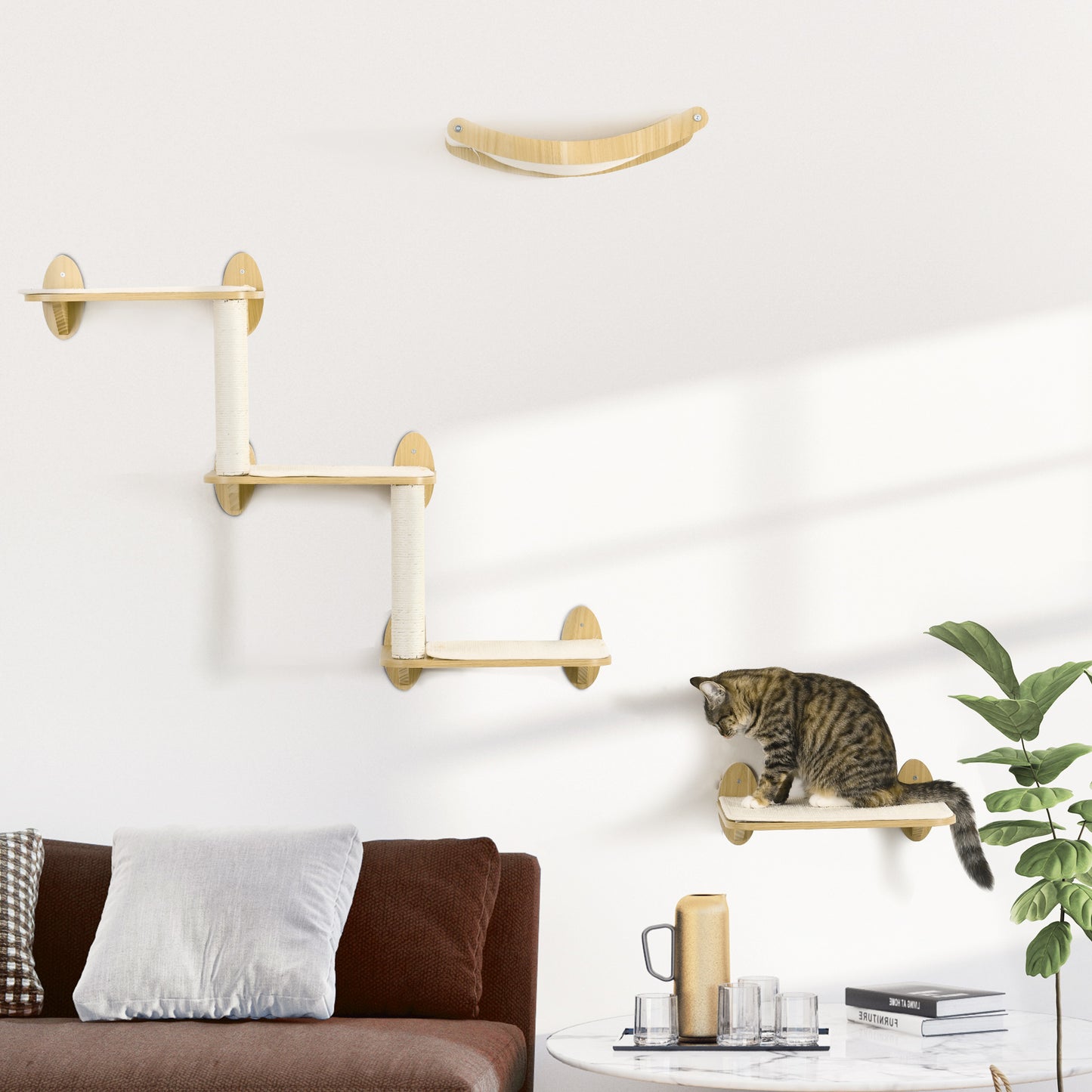 PawHut 3 Piece Wall Mounted Cats Shelves, Cat Climbing Shelf Set, Kitten Activity Center with Jumping Platforms Hammock Scratching Post, Oak