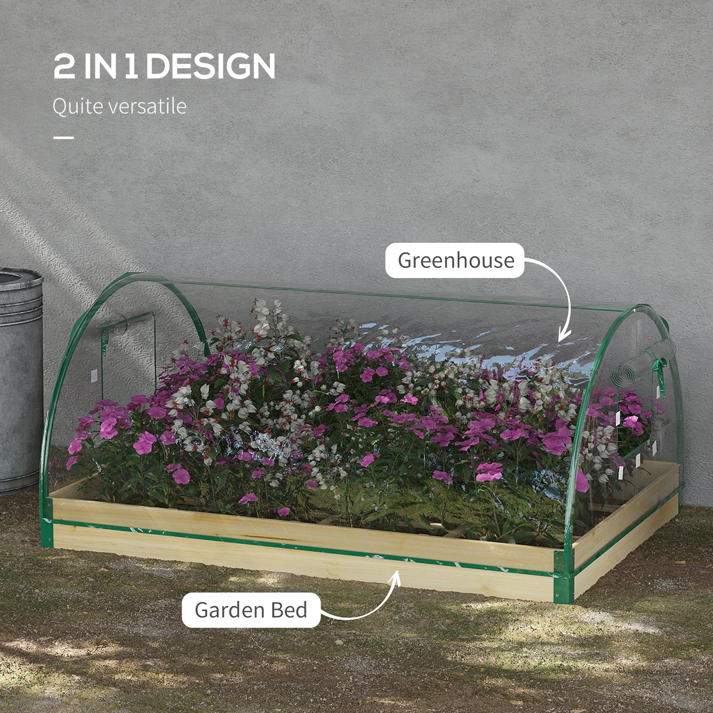 Outsunny Raised Bed with Greenhouse, Wooden Garden Planter Box with PVC Cover, Roll Up Windows, Dual Use for Vegetables, Plants, Natural Wood Effect