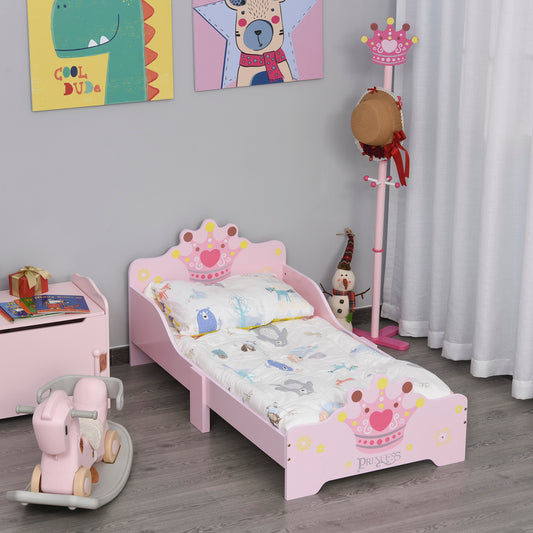 Kids Wooden Bed with Crown Modelling Safety Side Rails Easy to Clean Perfect Gift for Toddlers Girls Age 3 to 6 Years Old Pink