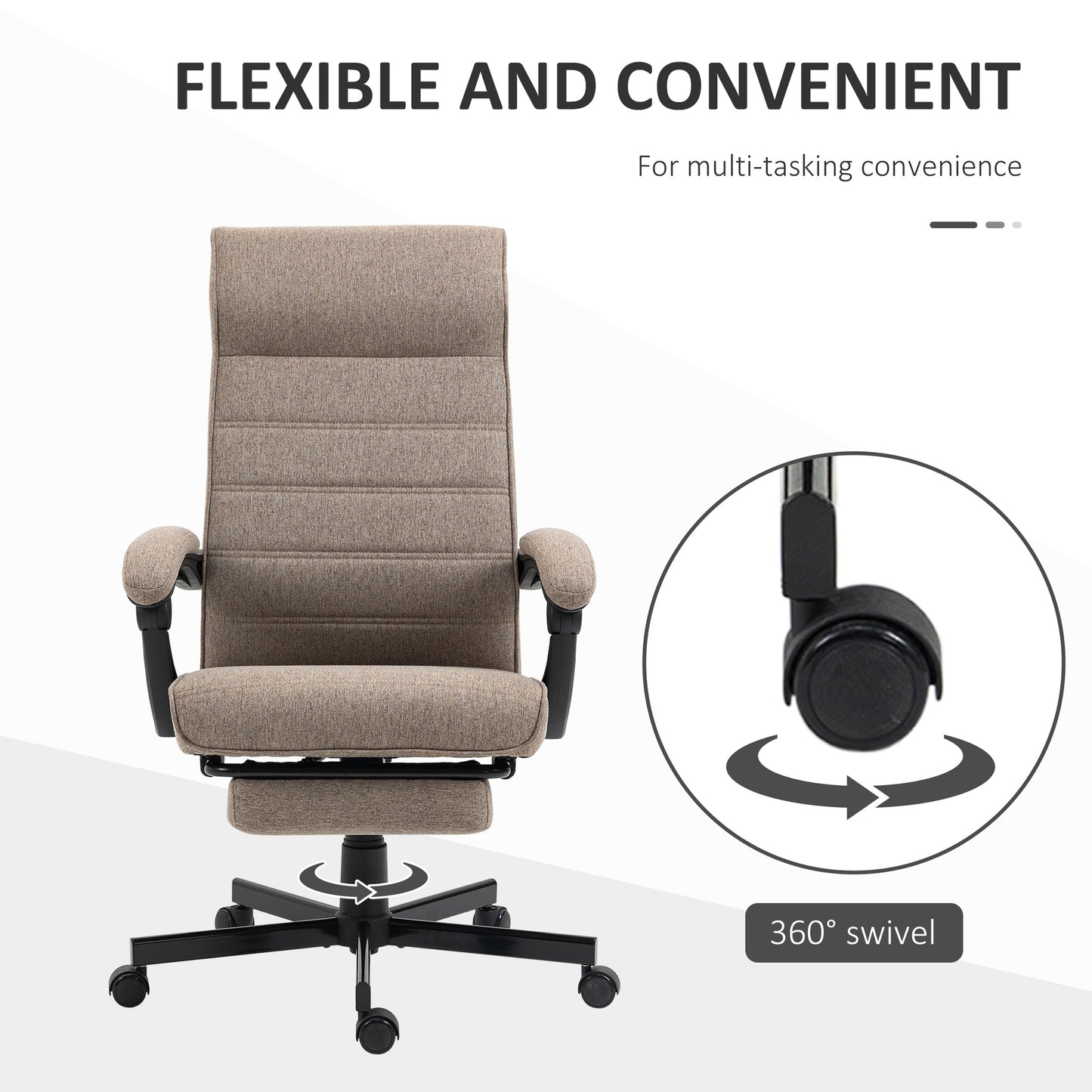 Vinsetto High-Back Home Office Chair, Linen Swivel Reclining With Adjustable Height, Footrest and Padded Armrest for Living Room, Study, Brown