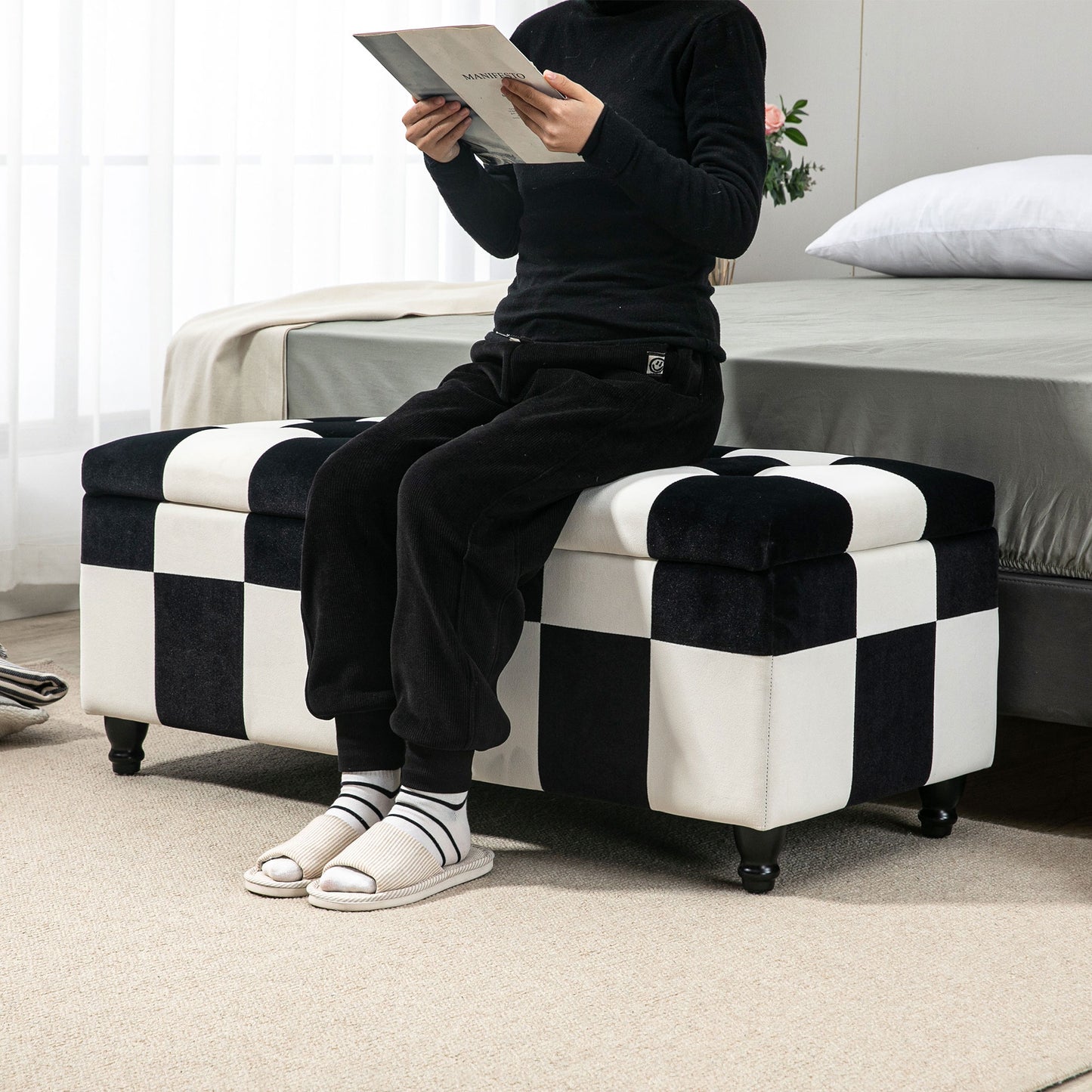 Velvet Storage Ottoman, Button-tufted Footstool Box, Toy Chest with Lid for Living Room, Bedroom, White and Black 114 x 47 x 47cm
