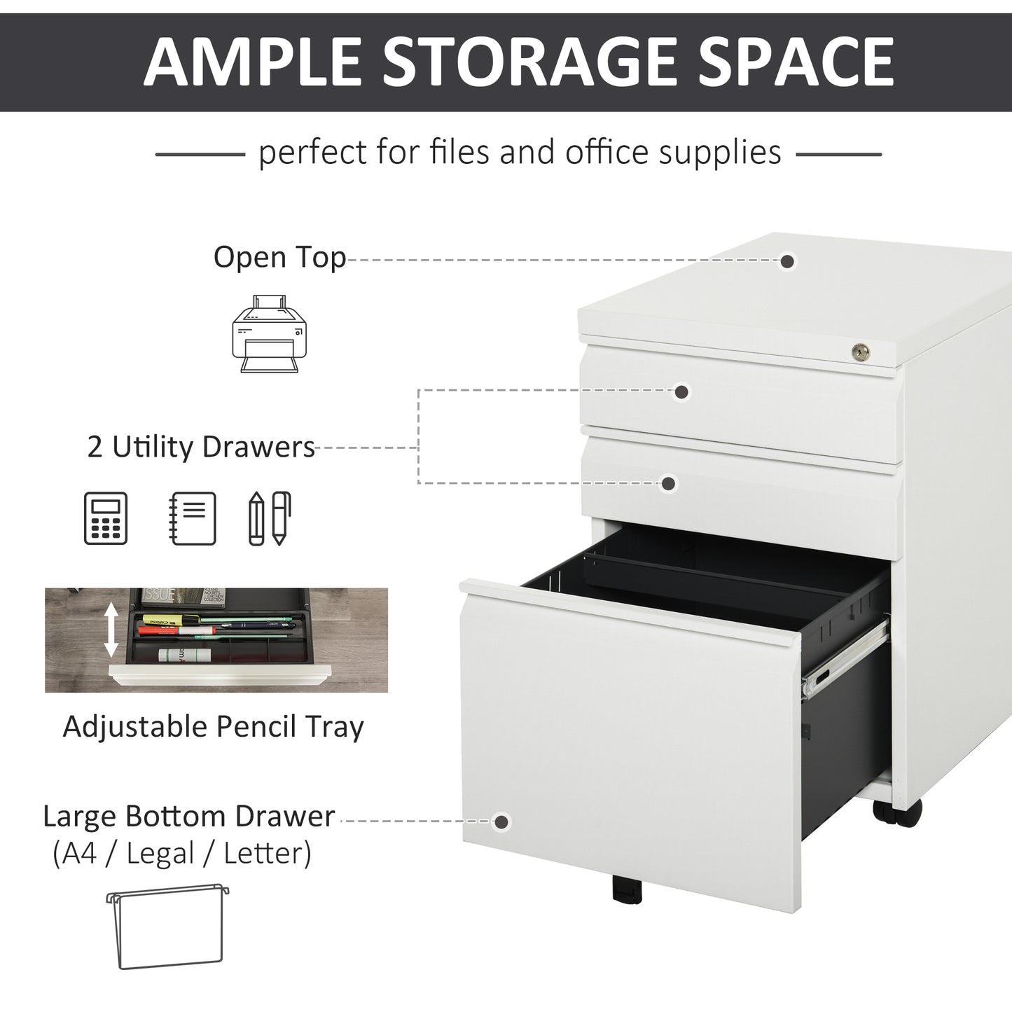 Vinsetto Metal Filing Cabinet 3 Drawer File Cabinet Lockable Mobile Vertical File Cabinet with Anti-tilt Design
