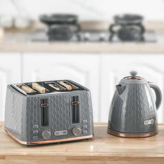 3000W 1.7L Fast Boil Kettle & 4 Slice Toaster Set, Kettle and Toaster Set with 7 Browning Controls, Crumb Tray, Grey