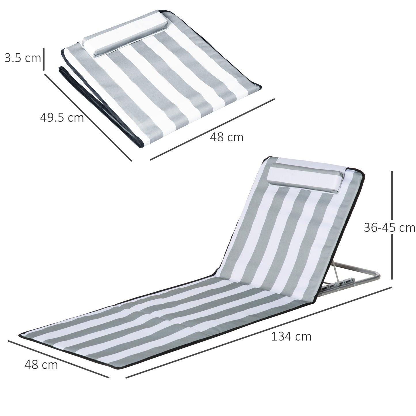 Outsunny Set of 2 Foldable Garden Beach Chair Mat Lightweight Outdoor Sun Lounger Seats Adjustable Back Metal Frame PE Fabric Head Pillow, Light Grey