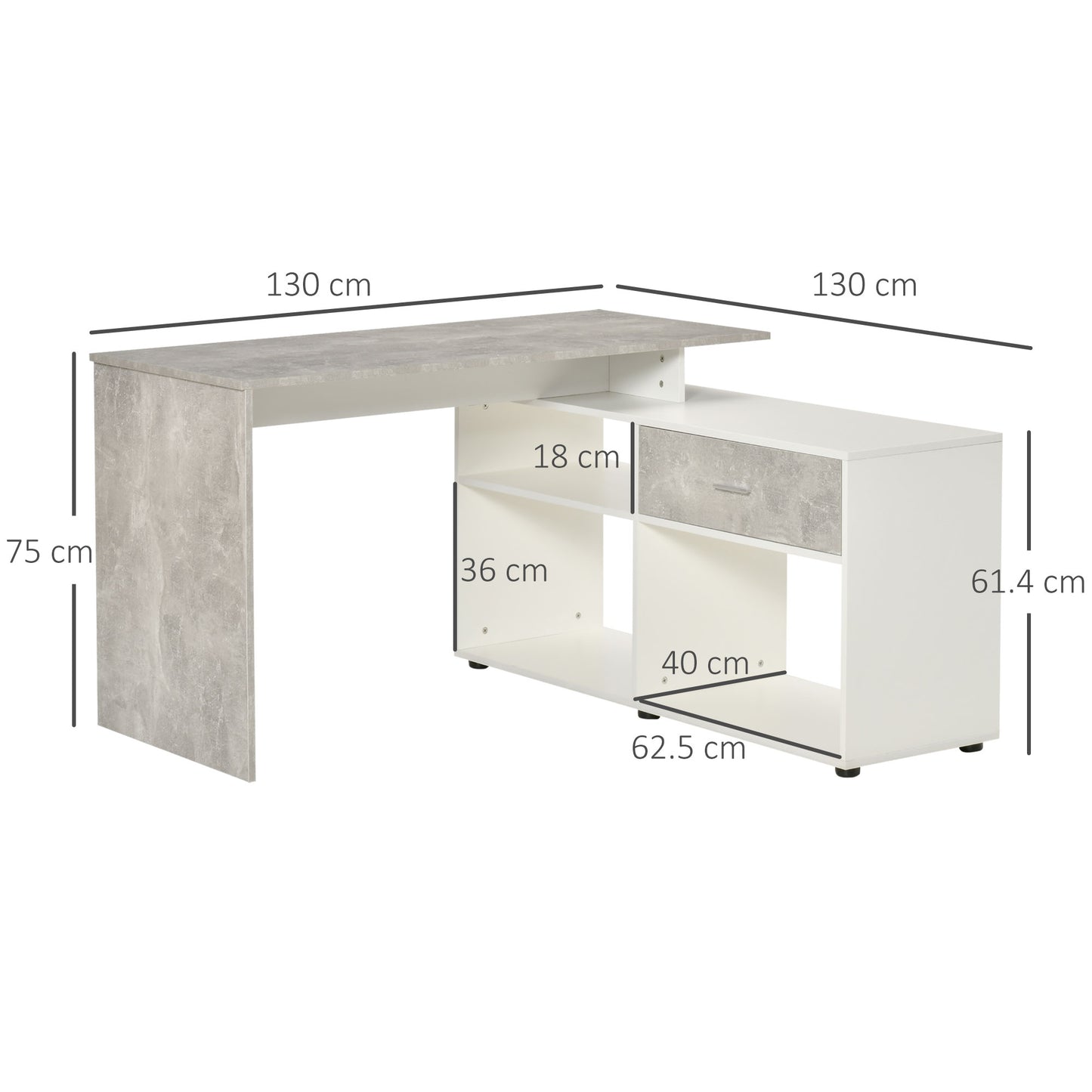 L-Shaped Computer Desk Home Office Corner Desk Study Workstation Space Saving Table with Shelves Drawer, Grey and White