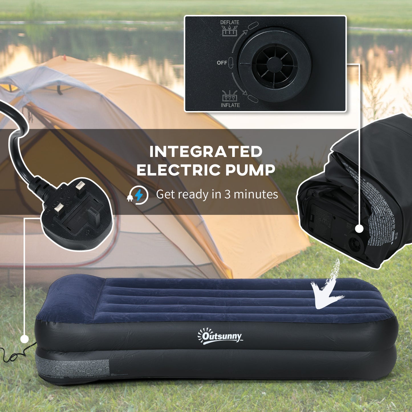 Outsunny Single Air Bed with Built-in Electric Pump and Carry Bag