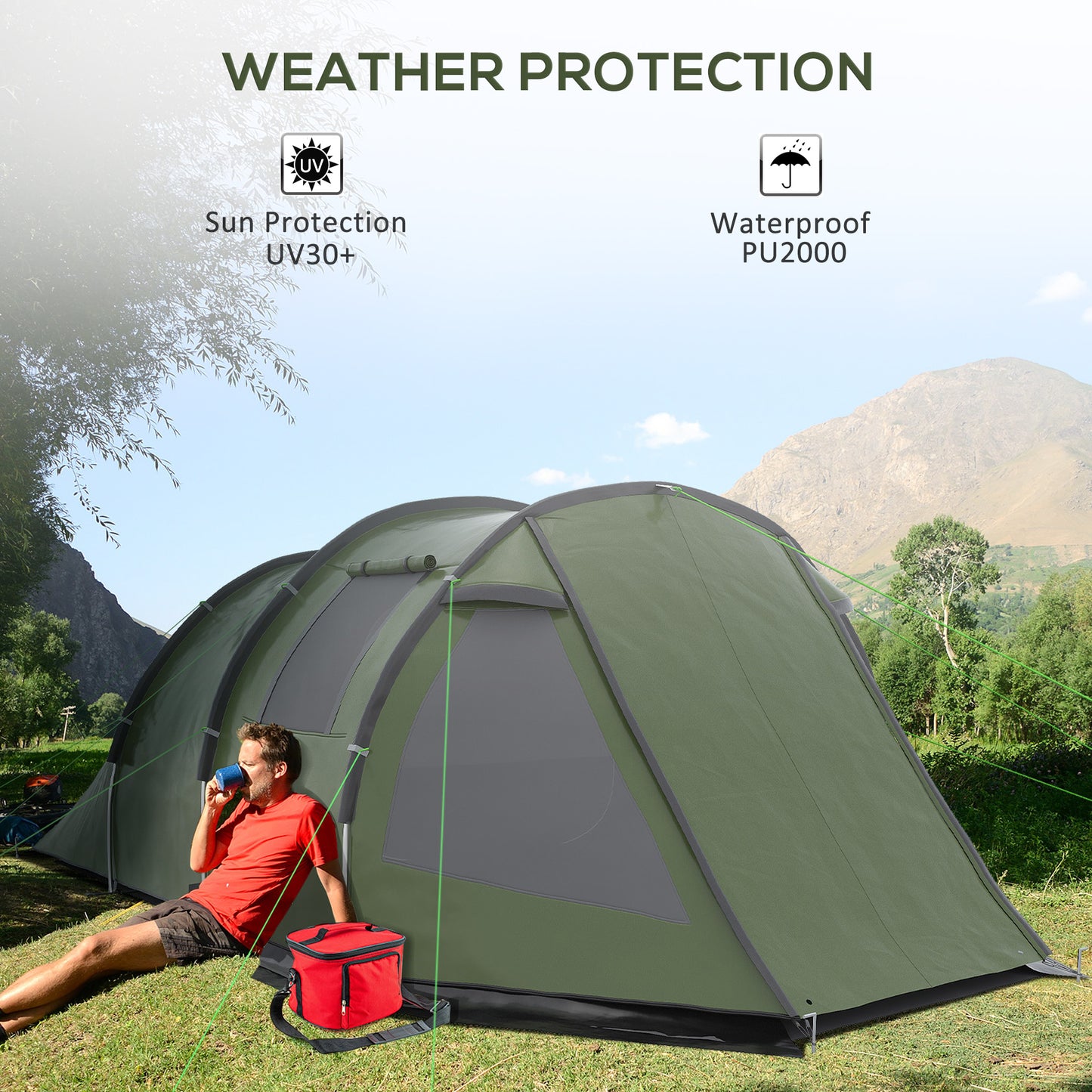 Outsunny Two Room Tunnel Tent Camping Tent for 3-4 Man with Windows, Covers, Carry Bag, for Fishing, Hiking, Sports, Green