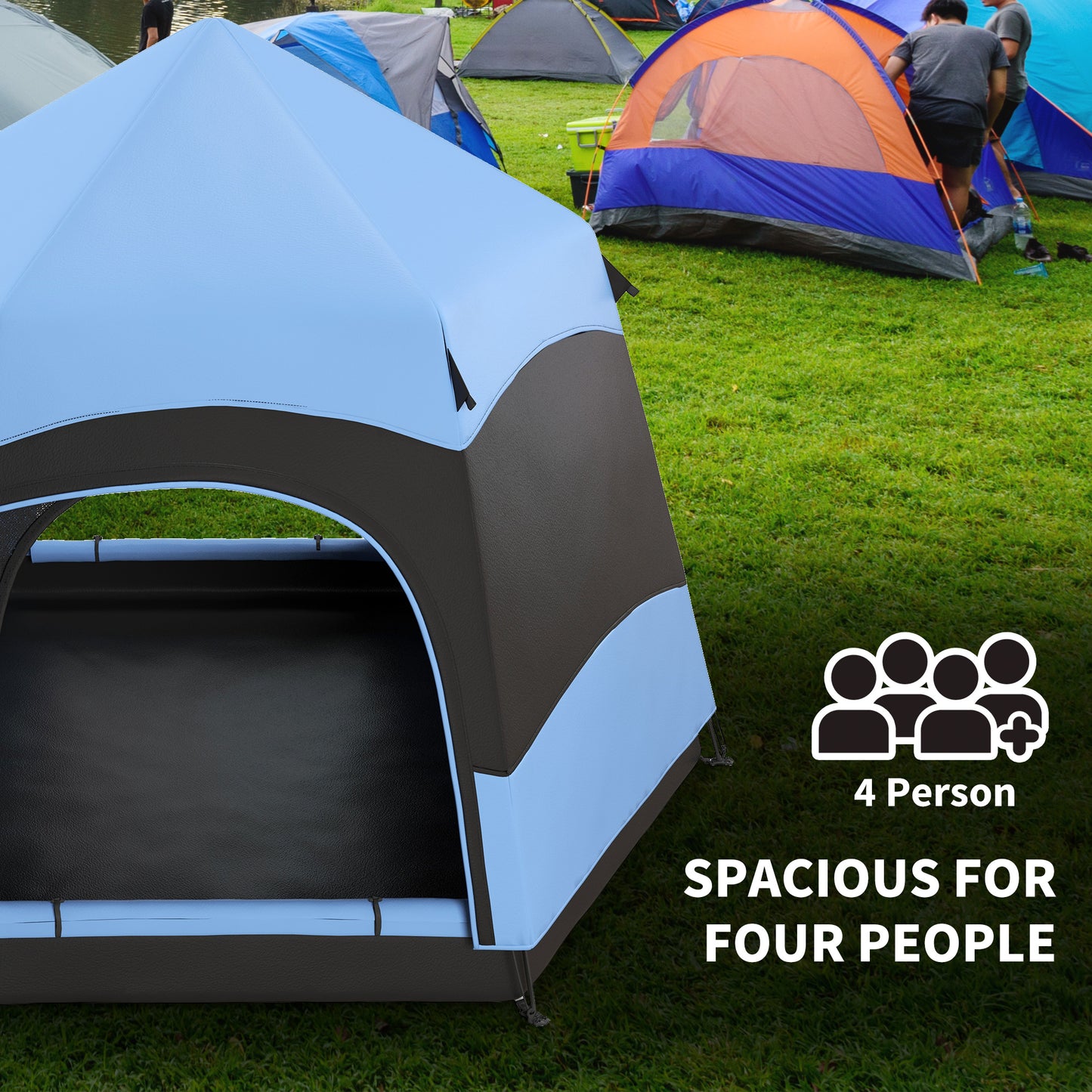 Outsunny Double Layer Dome Tent With Rainfly And Welded Floor 4 Man Hexagon Pop Up Portable Camping Shelter With Carry Bag - Blue and Black