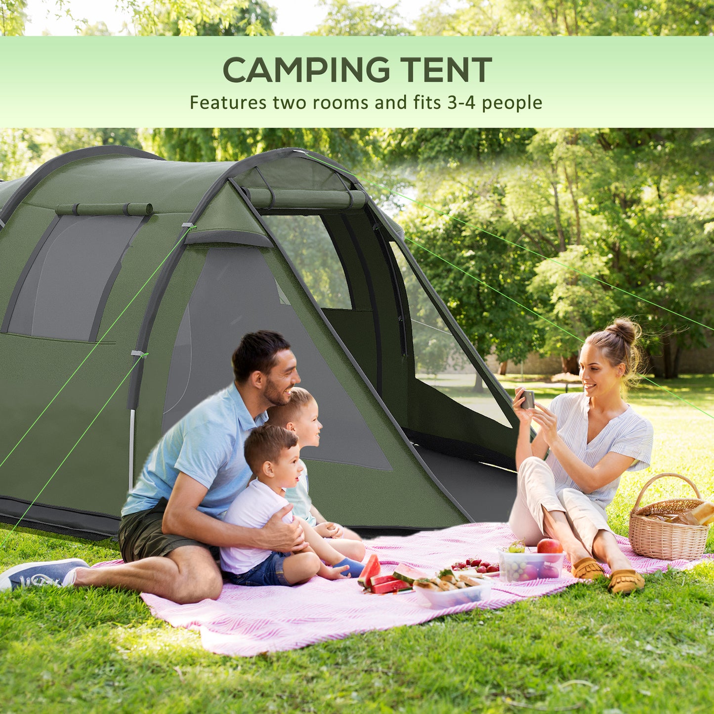 Outsunny Two Room Tunnel Tent Camping Tent for 3-4 Man with Windows, Covers, Carry Bag, for Fishing, Hiking, Sports, Green