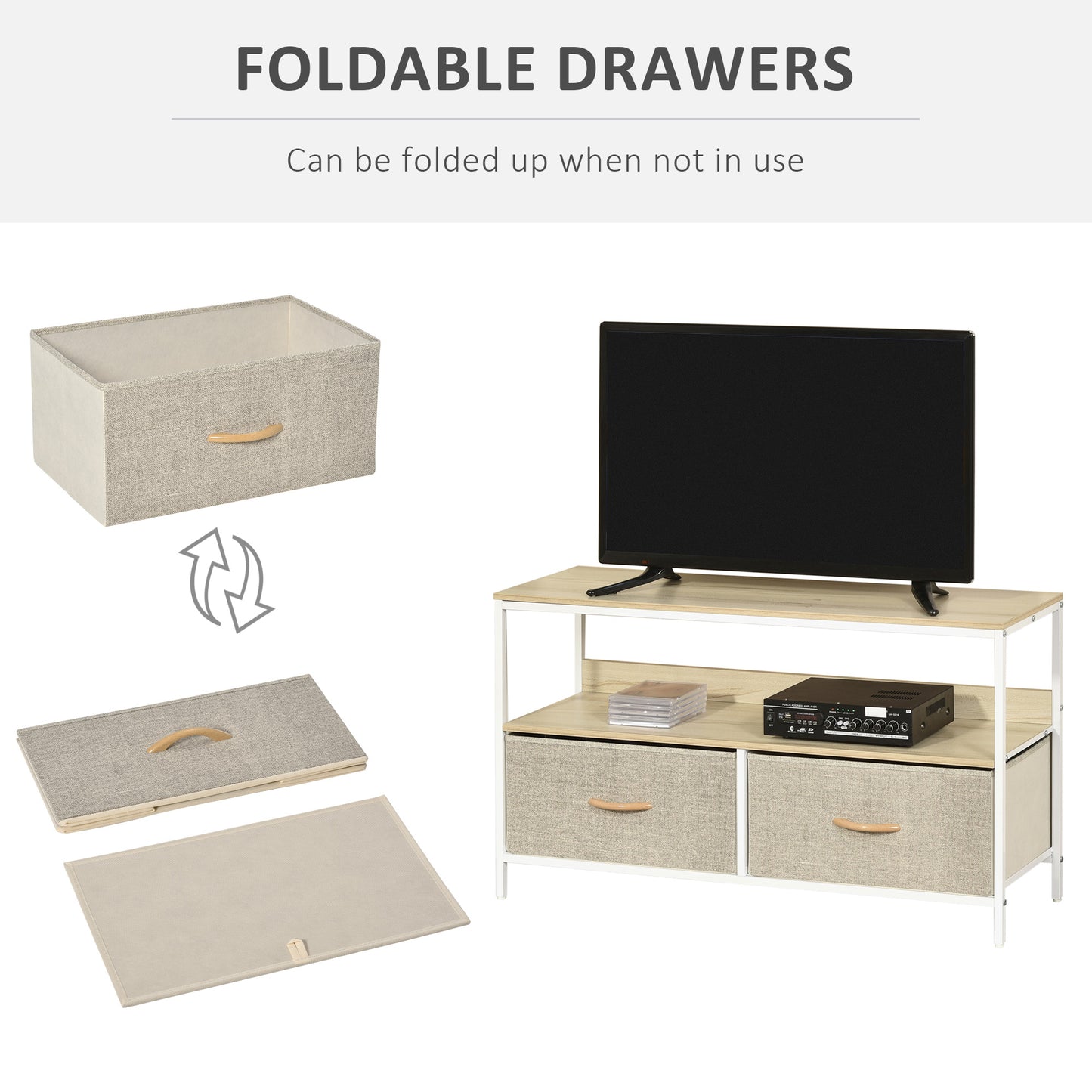 TV Cabinet Console Unit with 2 Foldable Linen Drawers, TV Stand with Shelving for Living Room, Entertainment Room, Maple Wood Effect