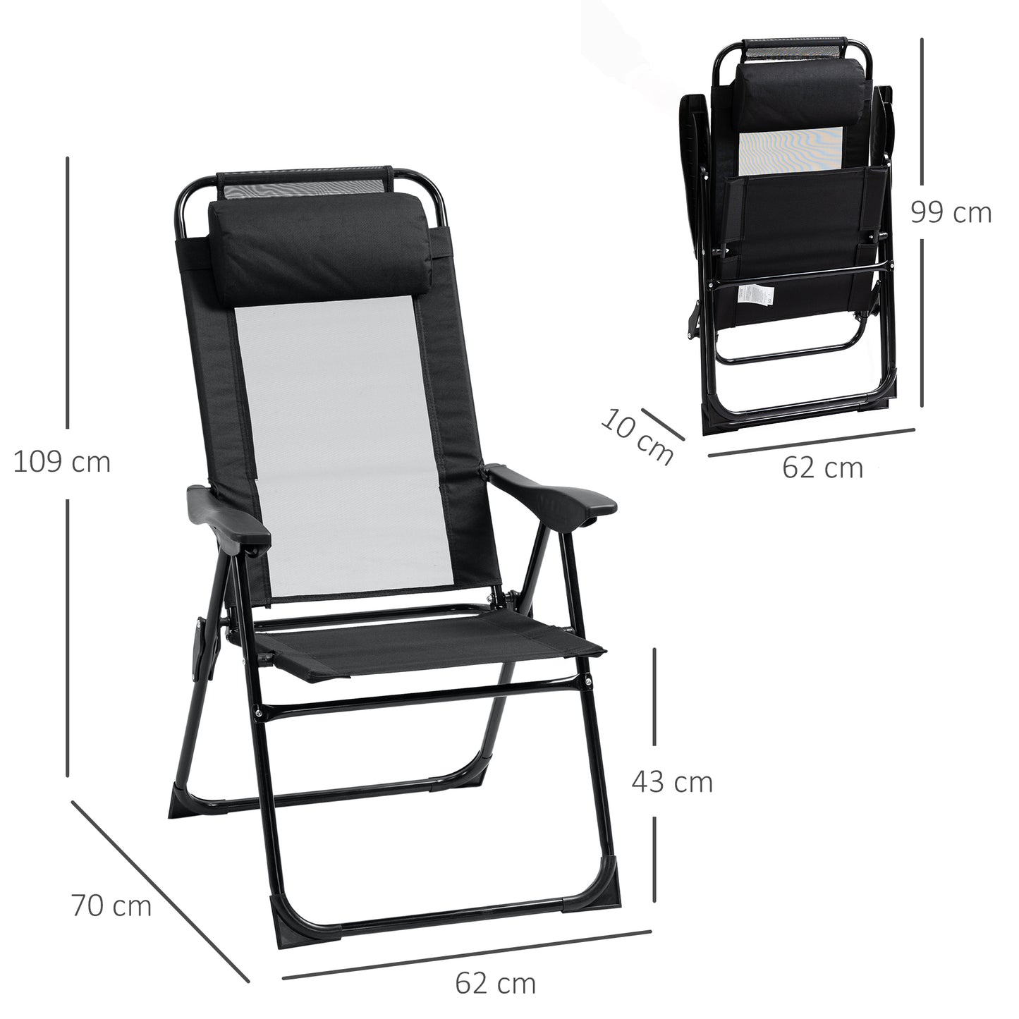 Outsunny Set of 2 Portable Folding Recliner Outdoor Patio Chaise Lounge Camping Chair with Adjustable Backrest, Black