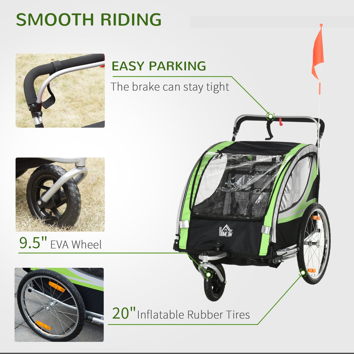Child Bike Trailer 2 In 1 Baby Stroller 2-Seater Transport Carrier with Hitch Coupler, Brake, 5 Point Harness, Storage Bag, Reflector, Green