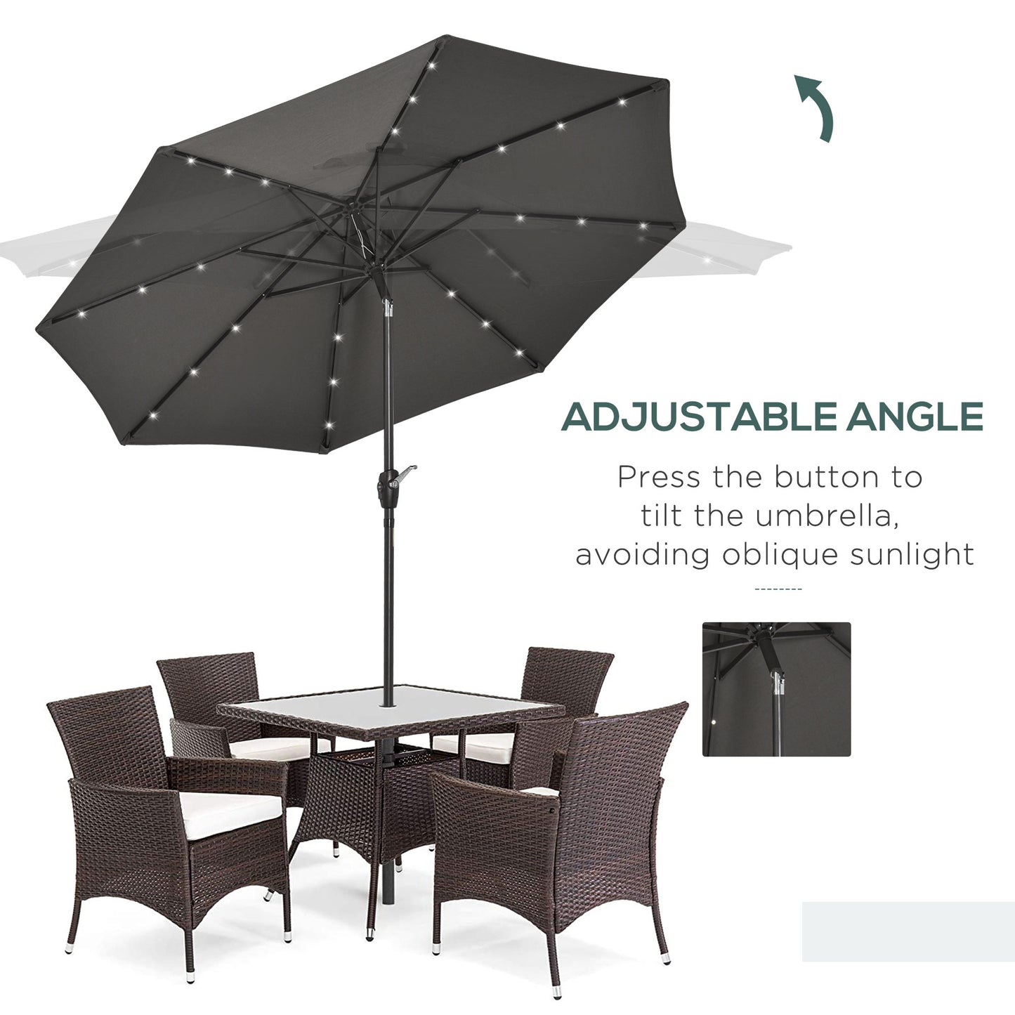 Outsunny Garden 24 LED Light Parasol Outdoor Tilt Sun Umbrella Patio Club Party Event Manual Sun Shade w/ Hand Crank Grey