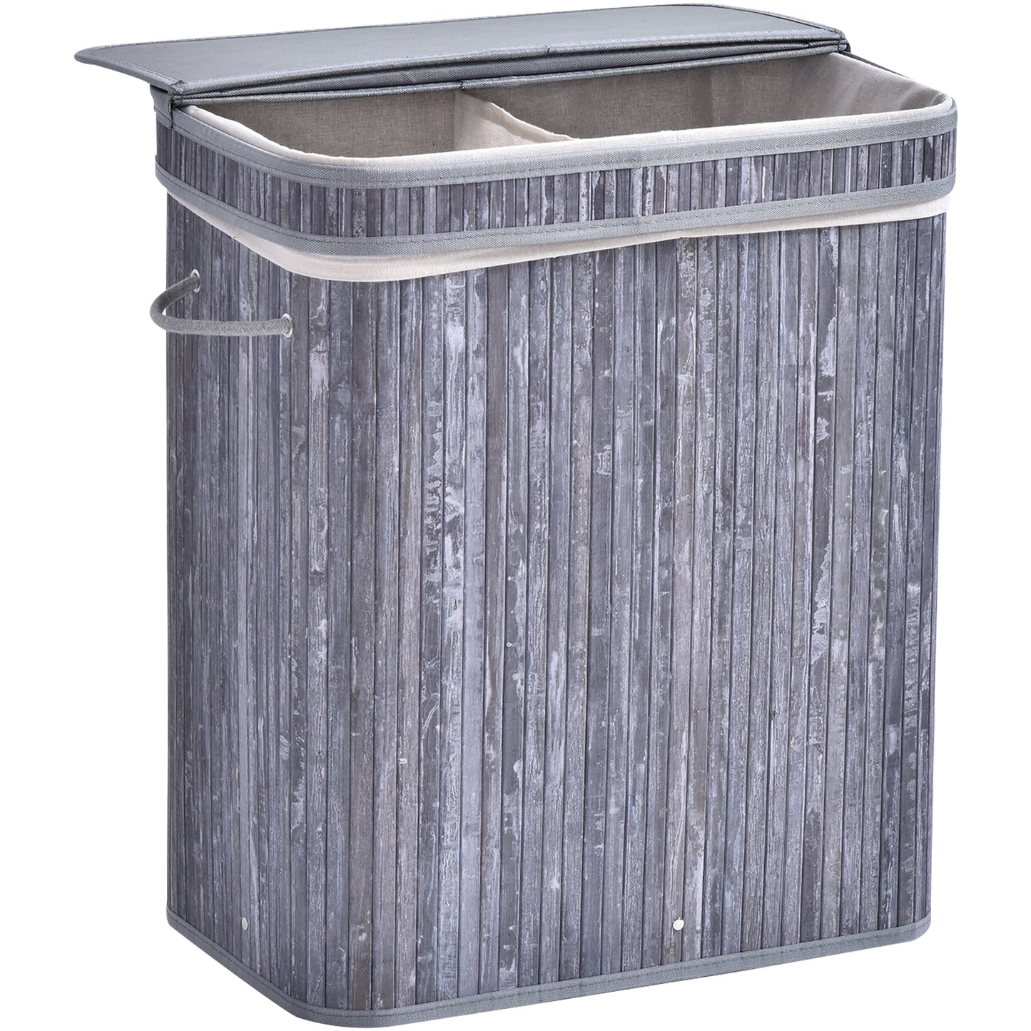 Wooden Laundry Basket w/ Split Compartment Lid Removable Lining Handles Air Holes Ventilation Durable Water-Resistant Clothes Storage Grey 100L