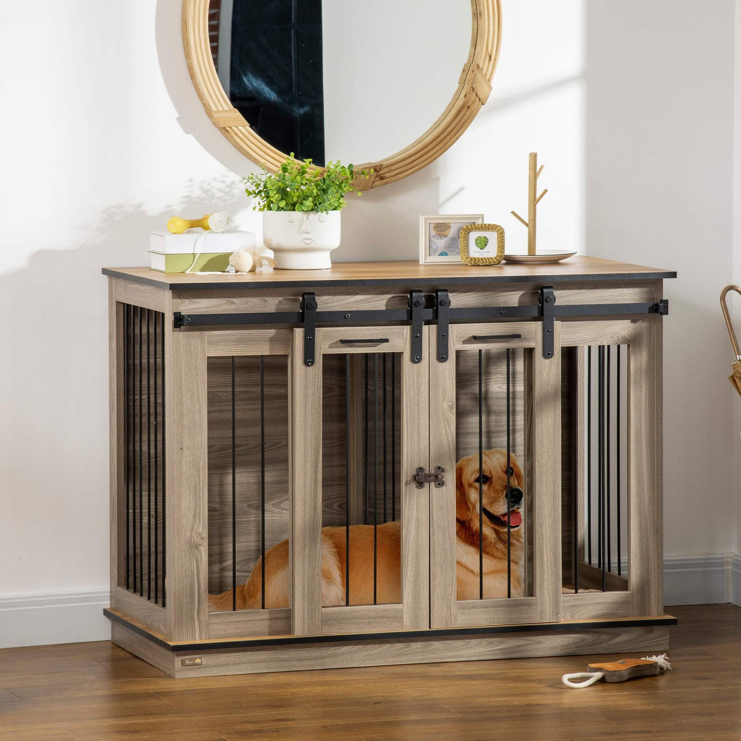 Dog Crate Furniture Side Table | Removable Divider | Double Sliding Doors | Large Dog or 2 Small Dogs | 120 x 60 x 88.5cm | Oak Tone