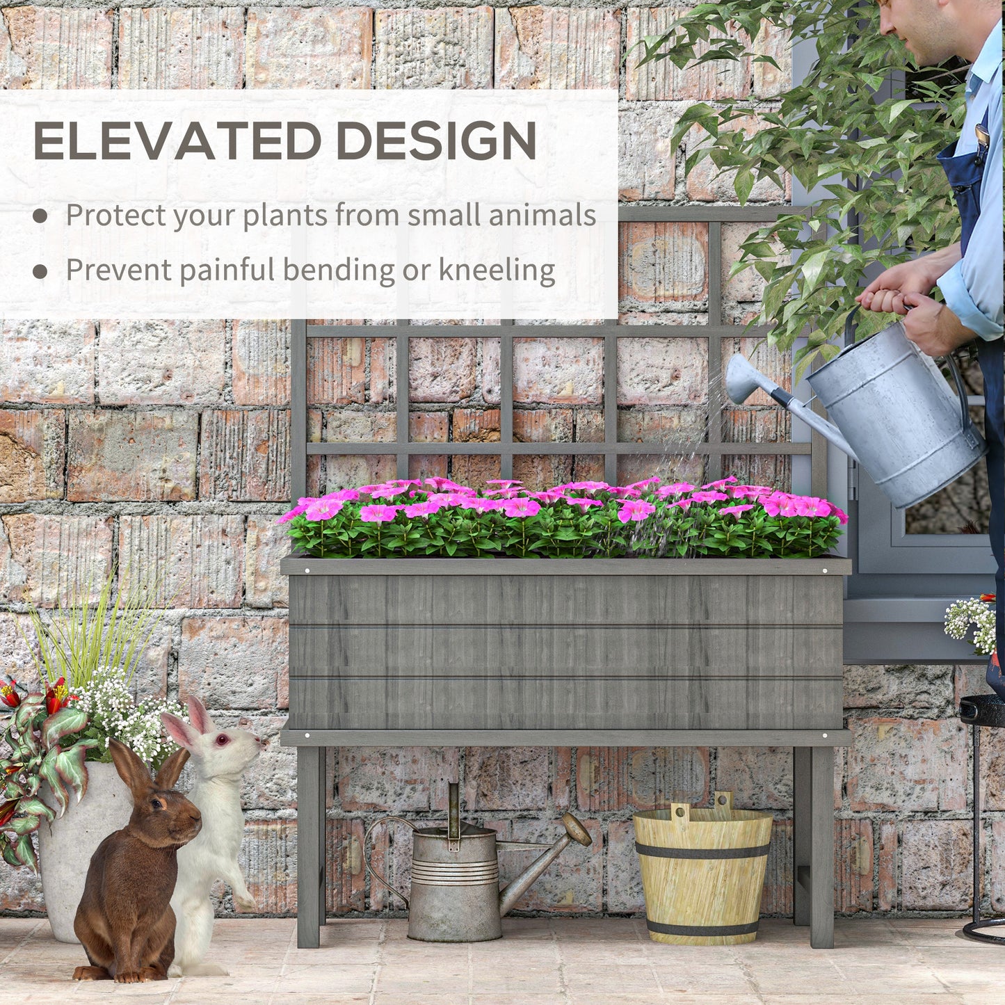 Outsunny Wooden Raised Planter with Trellis for Vine Climbing Plants, Garden Bed with Drainage Holes & Bed Liner for Vegetables, Flowers, Herbs - Grey