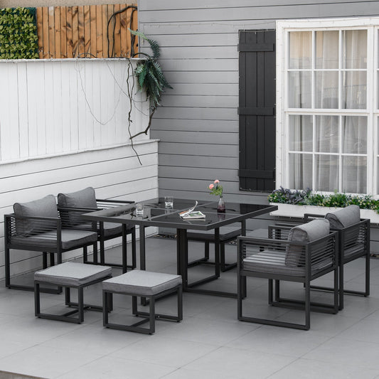 Outsunny 8 Seater Garden Dining Cube Set Aluminium Outdoor Furniture Set Dining Table, 4 Chairs and 4 Footstools with Cushion, Grey