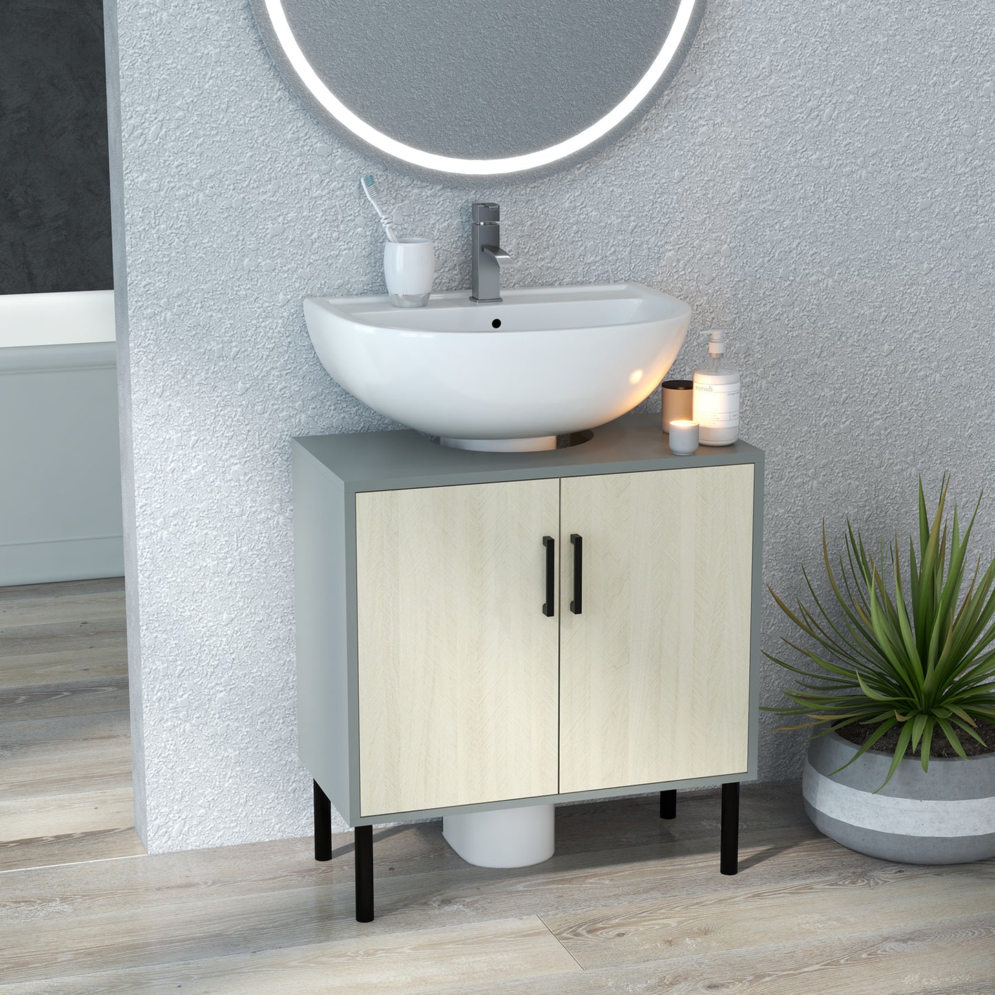 Kleankin Under Sink Cabinet, Under Sink Unit Bathroom Vanity , Storage Cupboard with Double Doors, Storage Shelves, 60x30x61cm, Natural