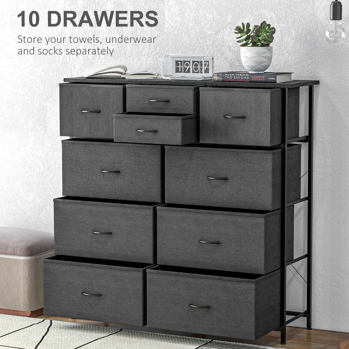 Chest of Drawers, 10 Drawer Dresser with Foldable Fabric Drawers and Steel Frame, Black