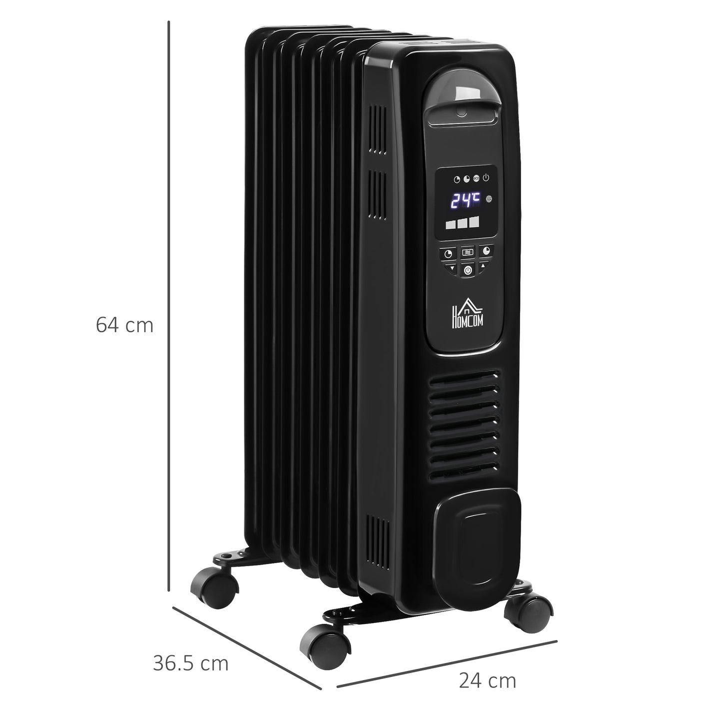 1630W Digital Oil Filled Radiator, 7 Fin, Portable Electric Heater with LED Display, Built-in Timer, 3 Heat Settings, Remote Control, Black