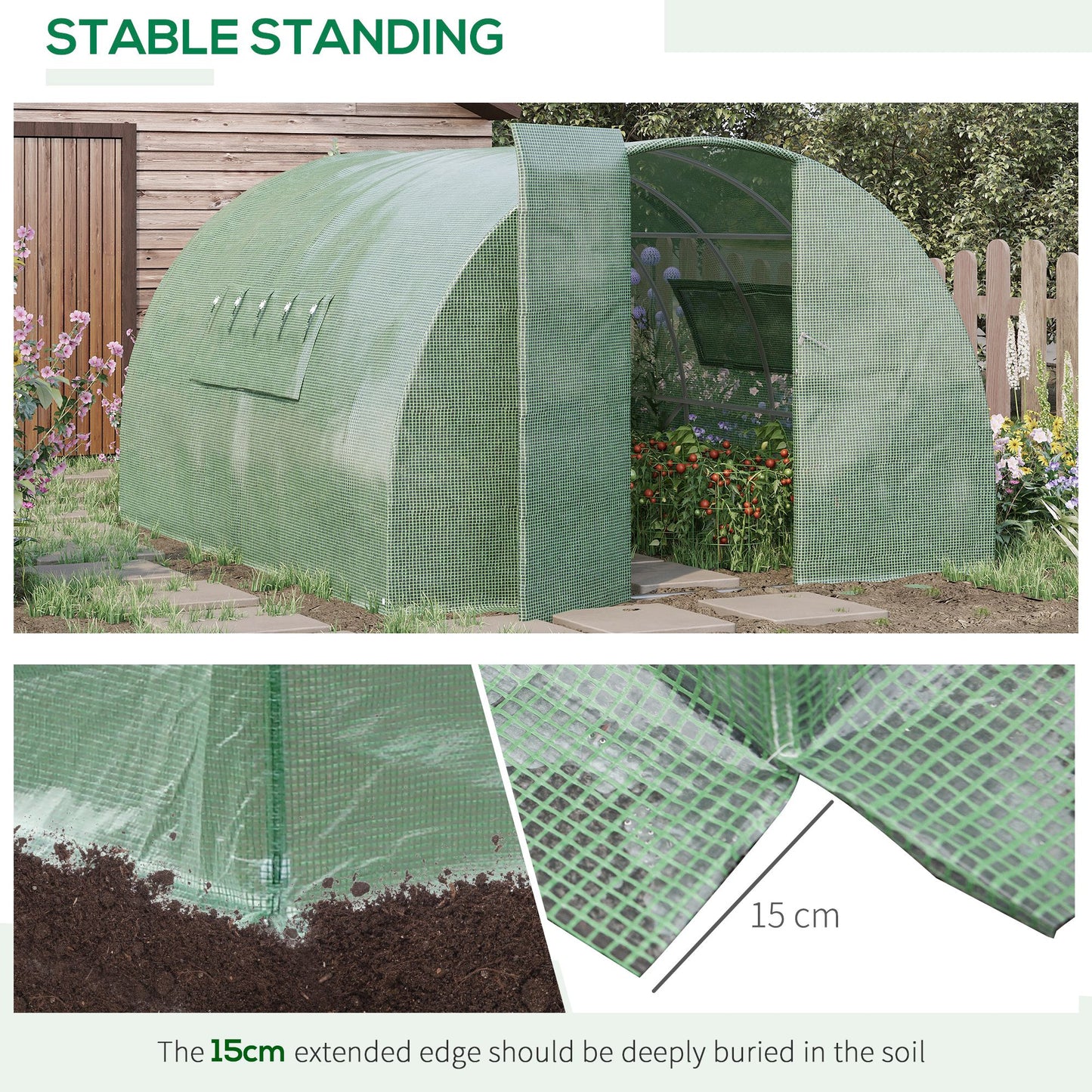 Outsunny Reinforced Polytunnel Greenhouse with Metal Hinged Door, 25mm Diameter Galvanised Steel Frame & Mesh Windows (3 x 6M)