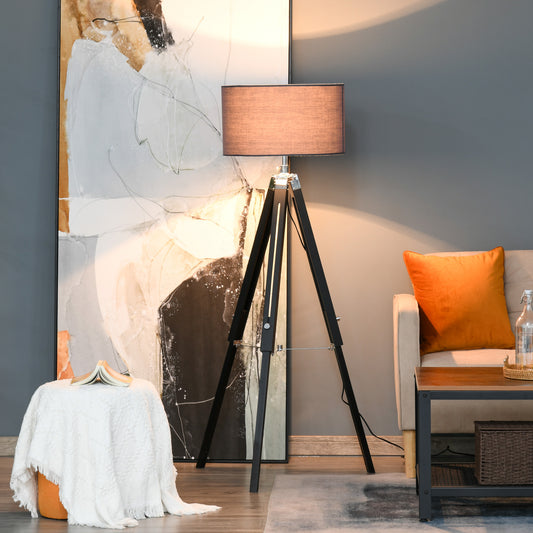 Modern Tripod Standing Lamp for Living Room Bedroom With Fabric Lampshade (Bulb not Included), Grey and Black
