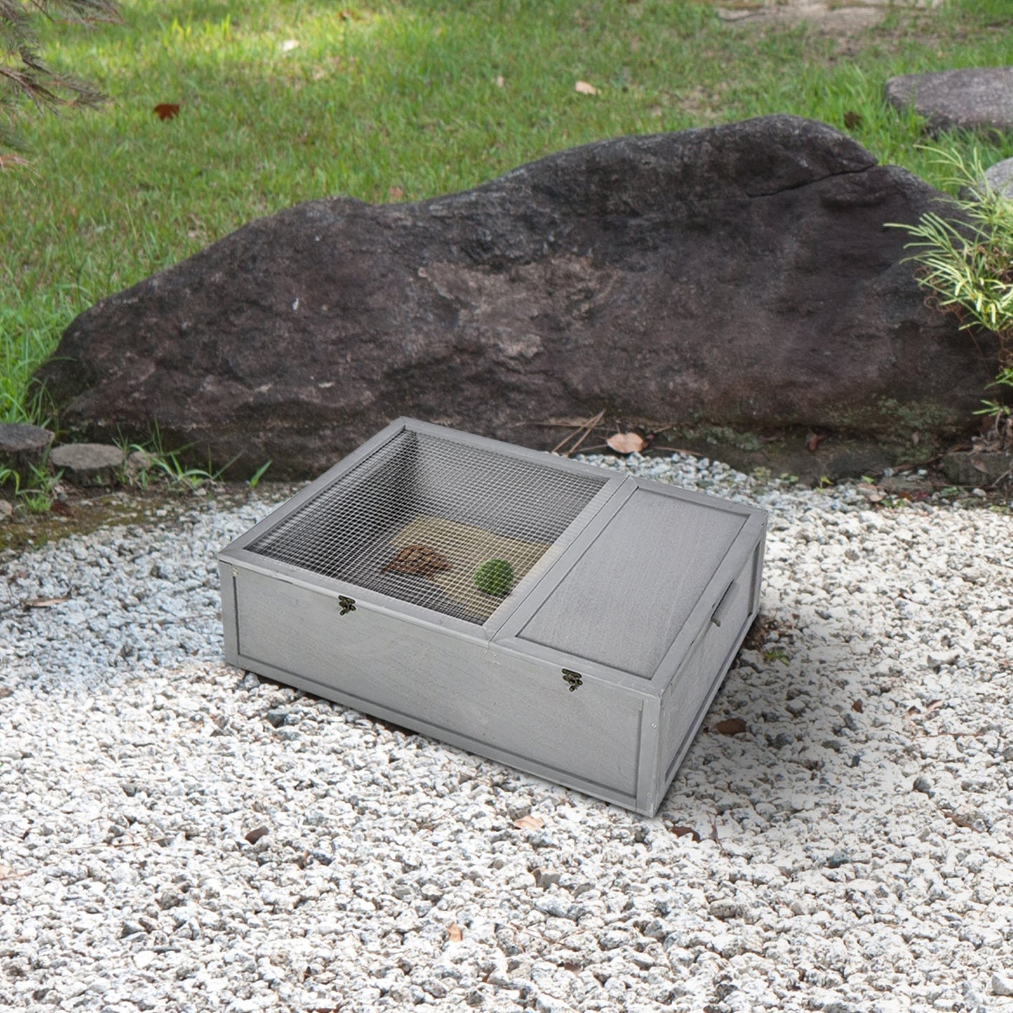 PawHut 94 cm Wooden Tortoise House Turtle Habitat Small Reptile Cage Enclosure with Two Room Grey