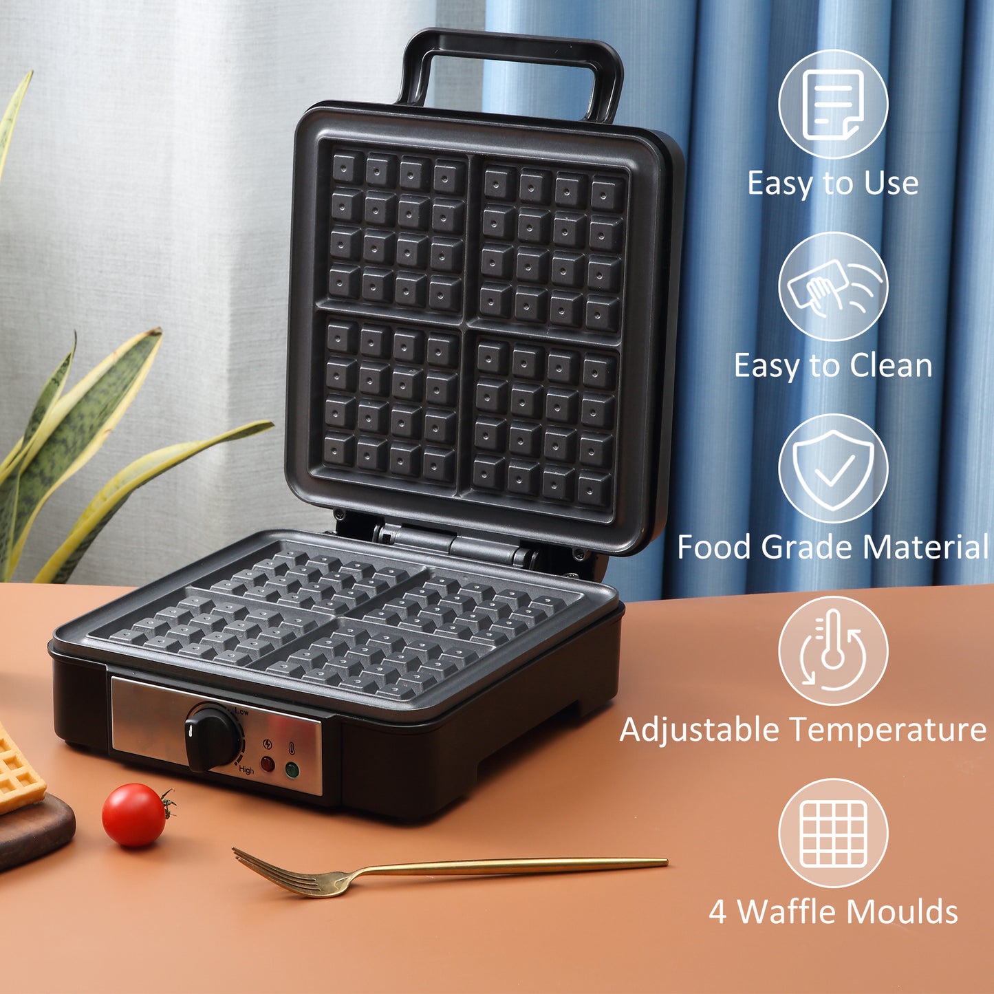 4 Slice Waffle Maker Iron Machine with Deep Cooking Plate, Adjustable Temperature, Non-stick Coating and Cool Touch Handle, 1200W