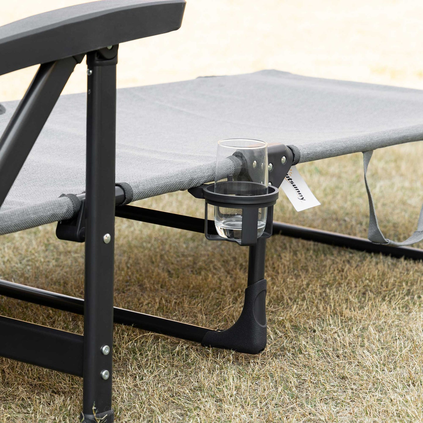 Outsunny Folding Sun Lounger, Mesh Fabric Chaise Lounge Chair, 7-Reclining Position Sleeping Bed W/ Pillow & Cup Holder - Light Grey