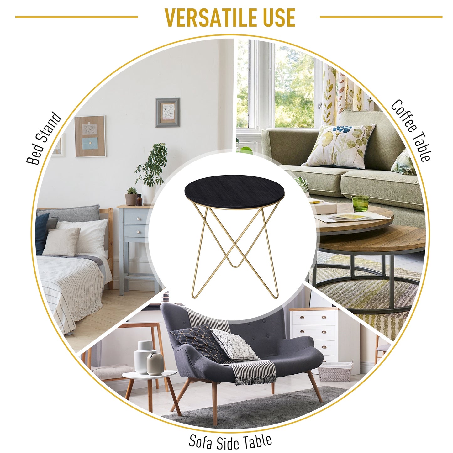 Wooden Metal Round Coffee Table Sofa End Side Bedside Table Modern Style Living Room Decor - Black Gold Color (Φ43cm)