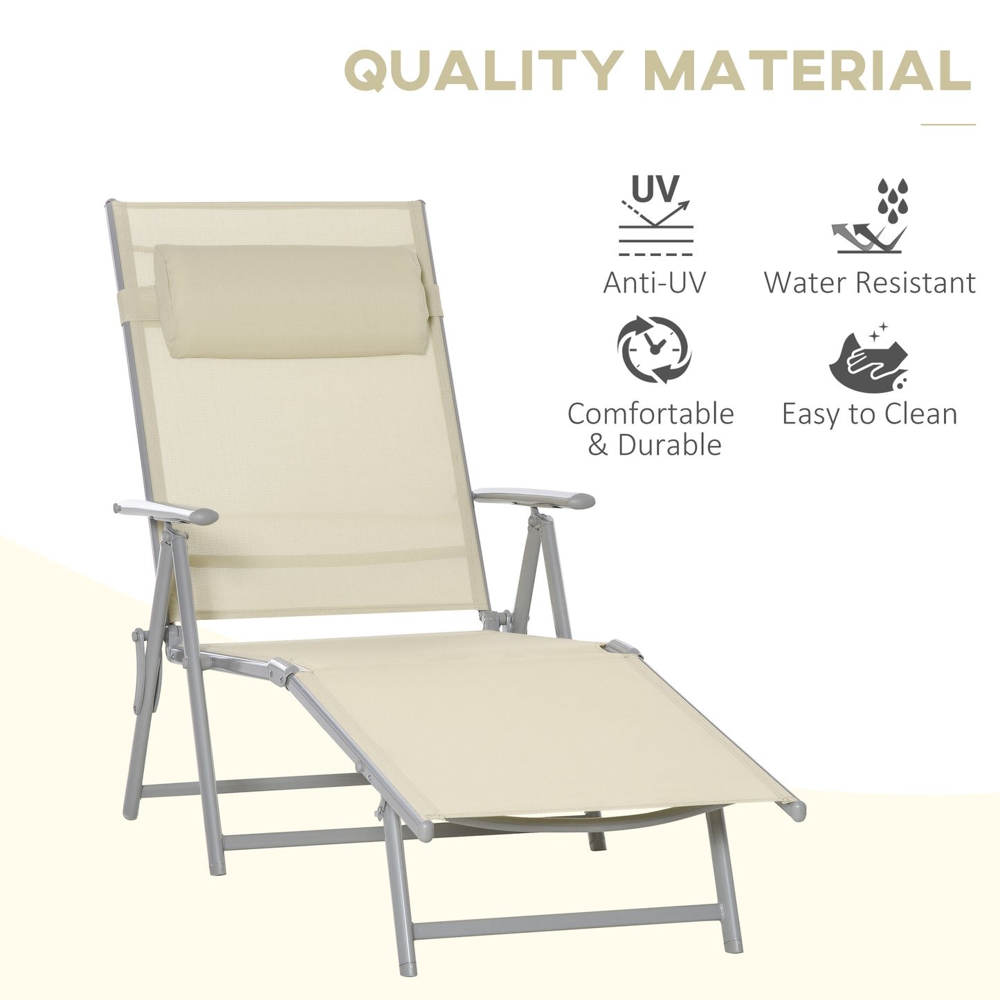 Outsunny Outdoor Folding Chaise Lounge Chair Recliner with Portable Design & 7 Adjustable Backrest Positions , Steel Fabric Sun Lounger- Beige