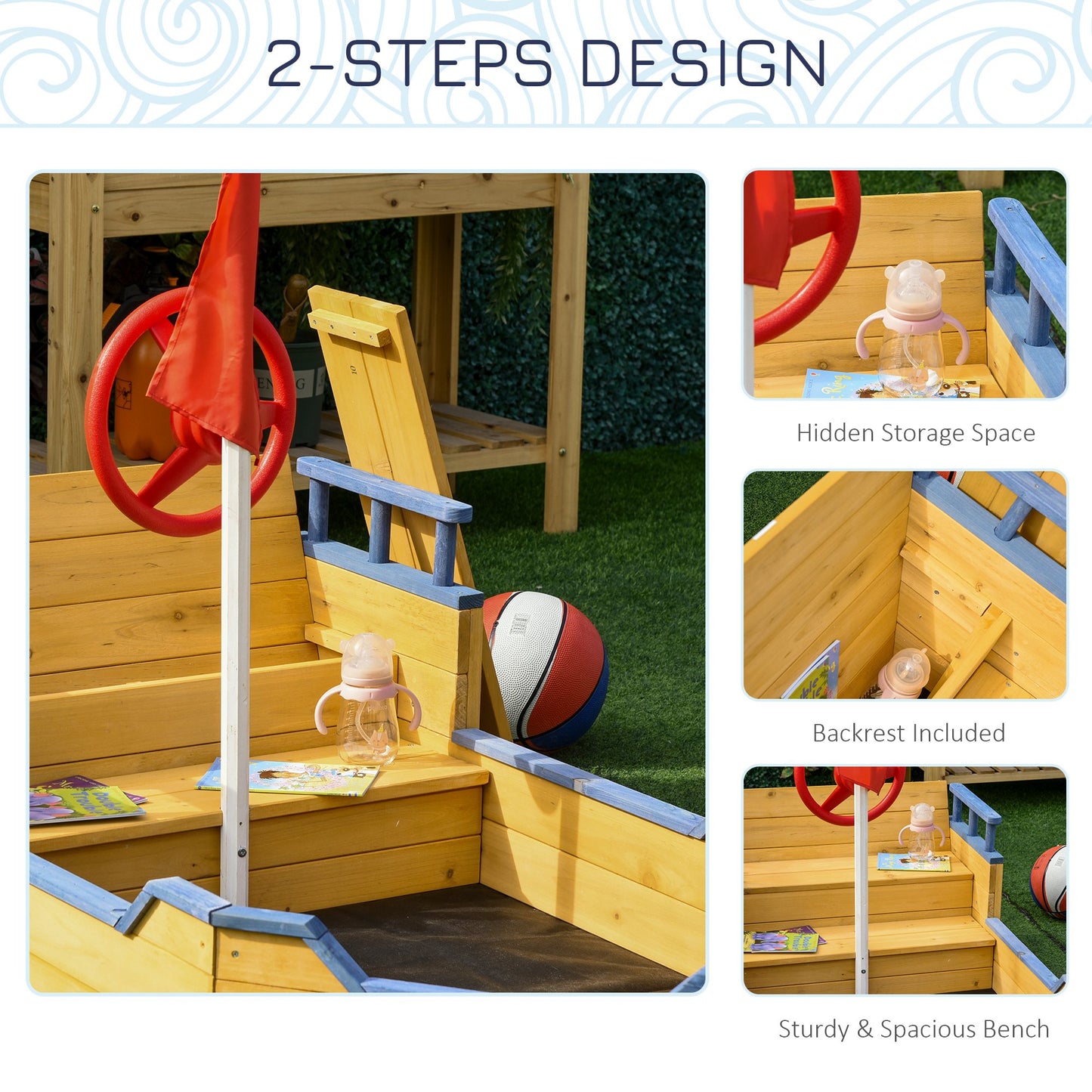 Outsunny Kids Wooden Sandpit Children Sandbox Pirate Ship Sandboat Outdoor Backyard Playset Play Station w/ Bench Bottom Liner