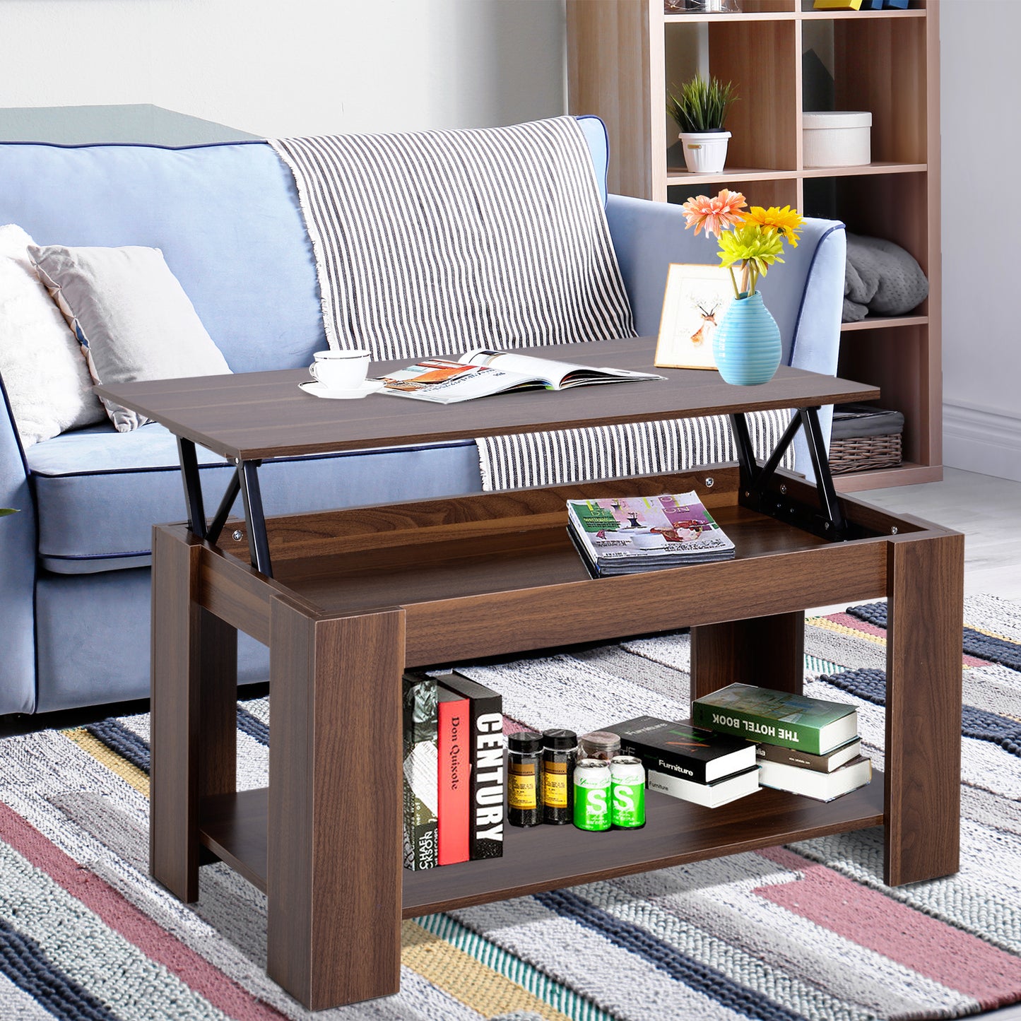 Modern Lift Up Top Coffee Table Desk Hidden Storage Bottom Shelf 100W x 50D x 63H cm