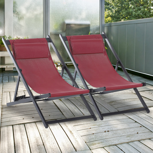 Outsunny Set of 2 Folding Garden Beach Deck Chairs Deckchairs Seaside Folding Garden Patio Lounger, Red