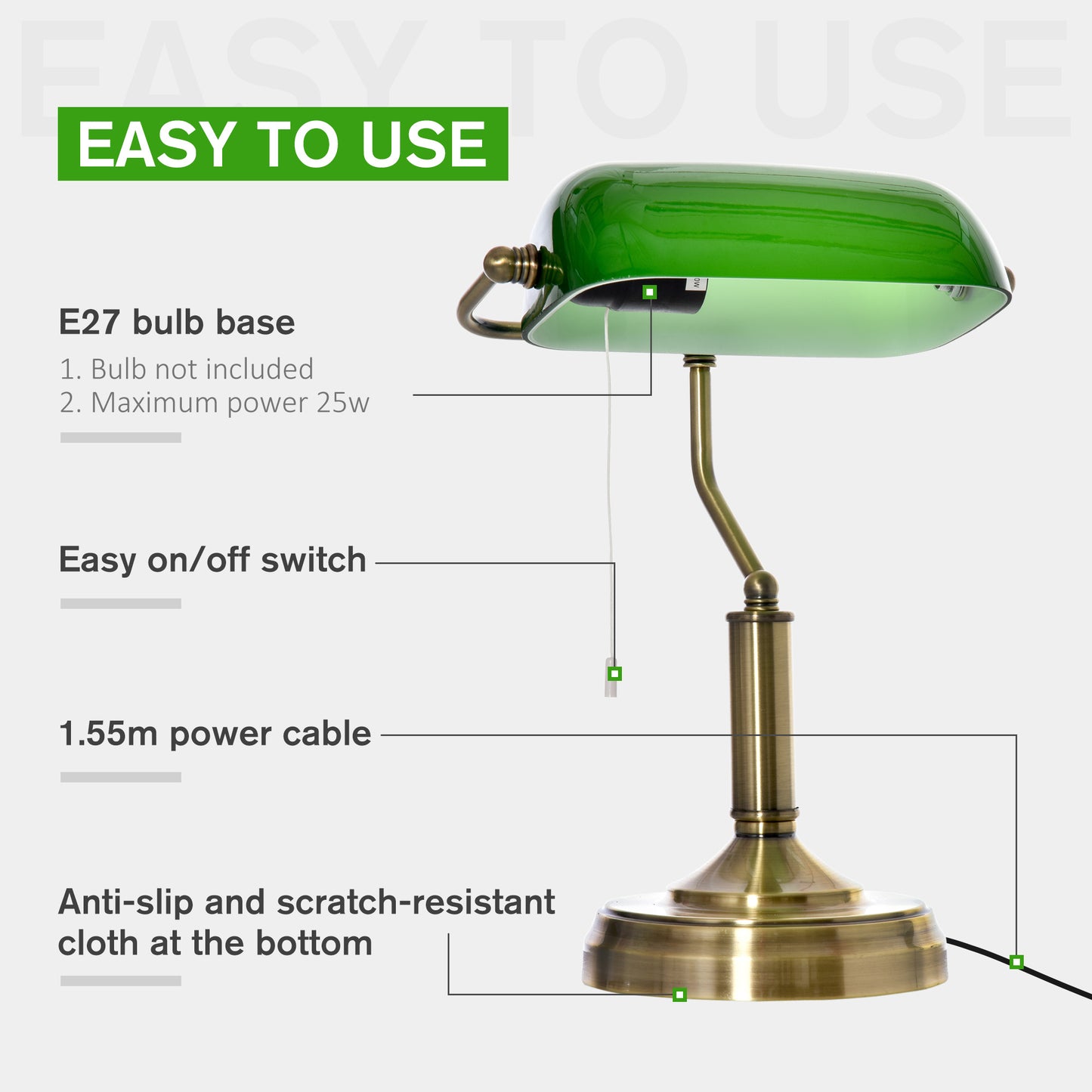 Banker's Table Lamp Desk Lamp with Antique Bronze Base, Green Glass Shade and Pull Rope Switch for Home Office, Living Room,Dining Room
