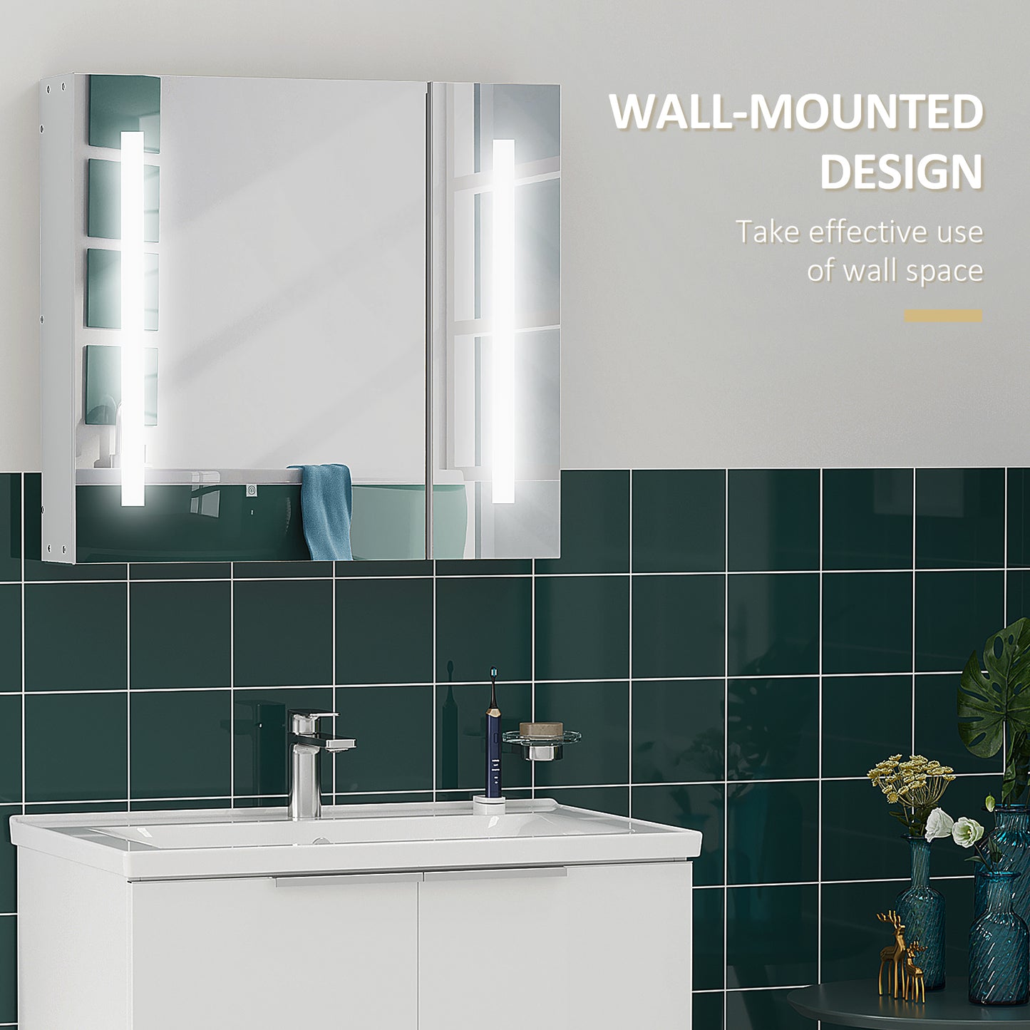 Kleankin Wall Mounted Bathroom Cabinet w/ LED Lights, Illuminated Bathroom Mirror Cabinet w/ Adjustable Shelf, Touch Switch, USB Charge, White