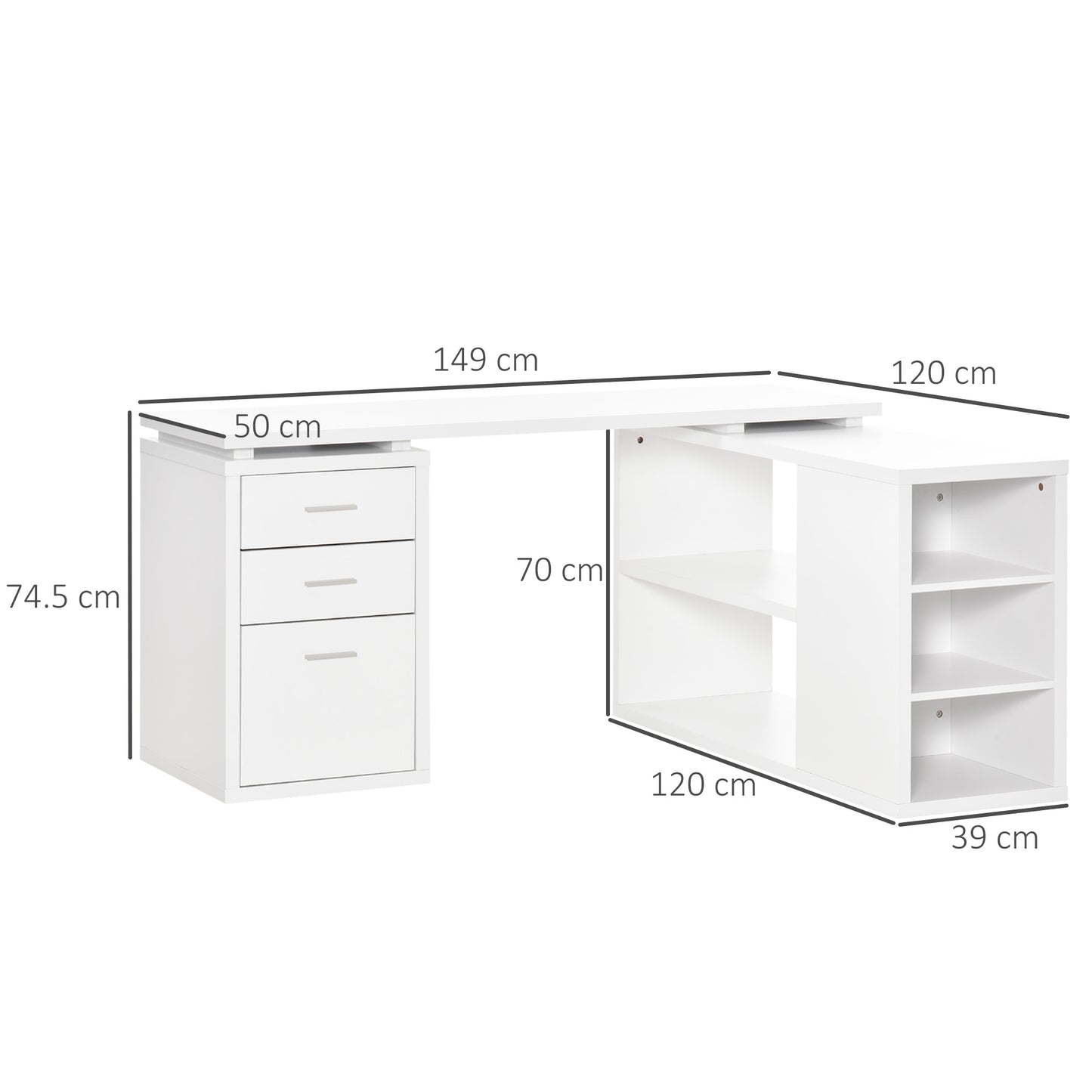 L-Shaped Computer Desk Home Office Corner Desk Study Workstation Table with Storage Shelves and Drawers, White