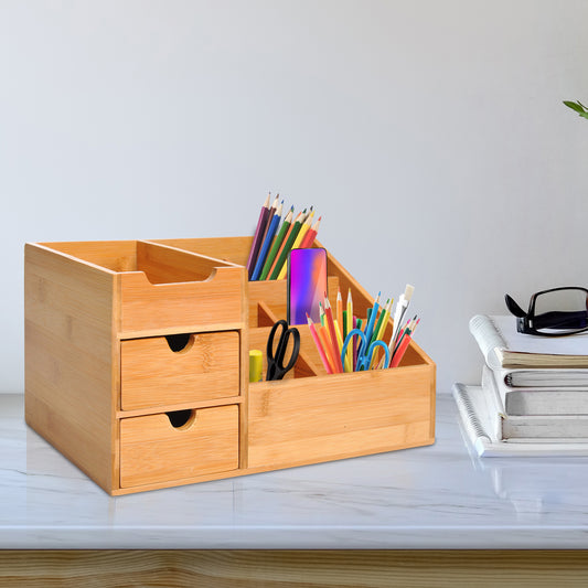 Natural Wood Organiser Holder Multi-Function Storage Caddy Drawers Home Office Stationary Supplies 7 Storage Compartments and 2 Drawers