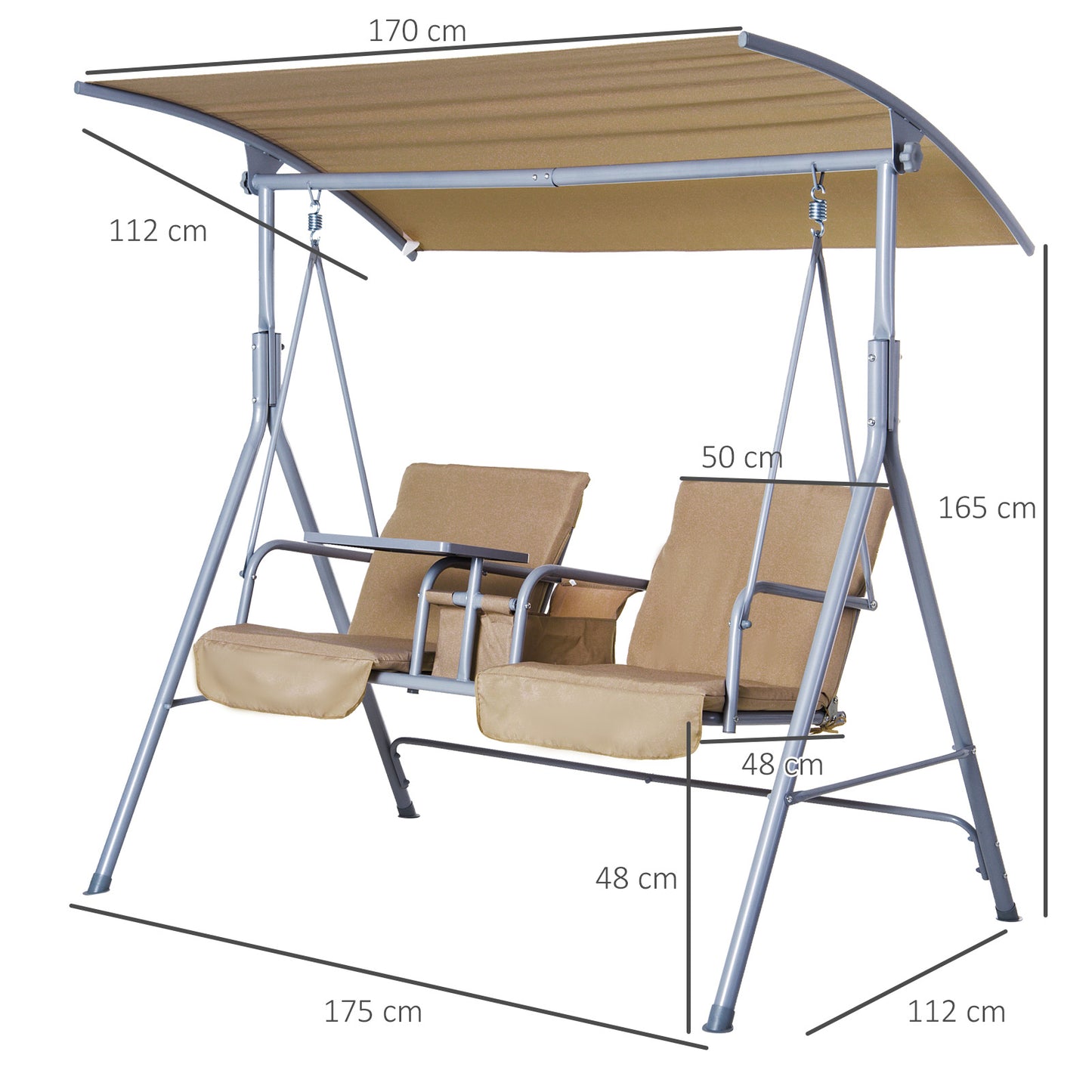 2 Seater Garden Swing Chair Patio Rocking Bench w/ Tilting Canopy, Double Padded Seats, Storage Bag and Tray, Beige