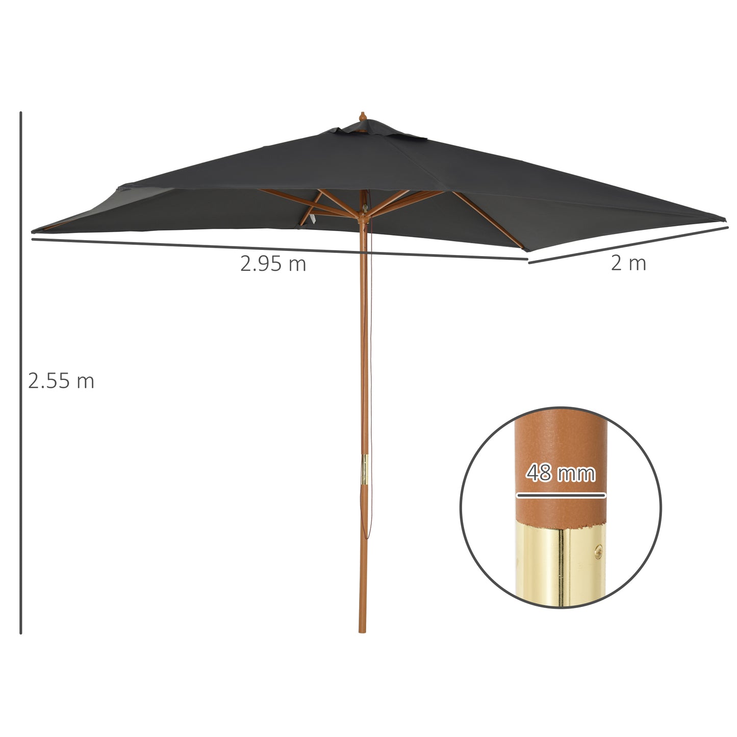 Outsunny Wooden Garden Parasol Umbrella Outdoor Sun Shade Canopy, Dark Grey,2 x 3m