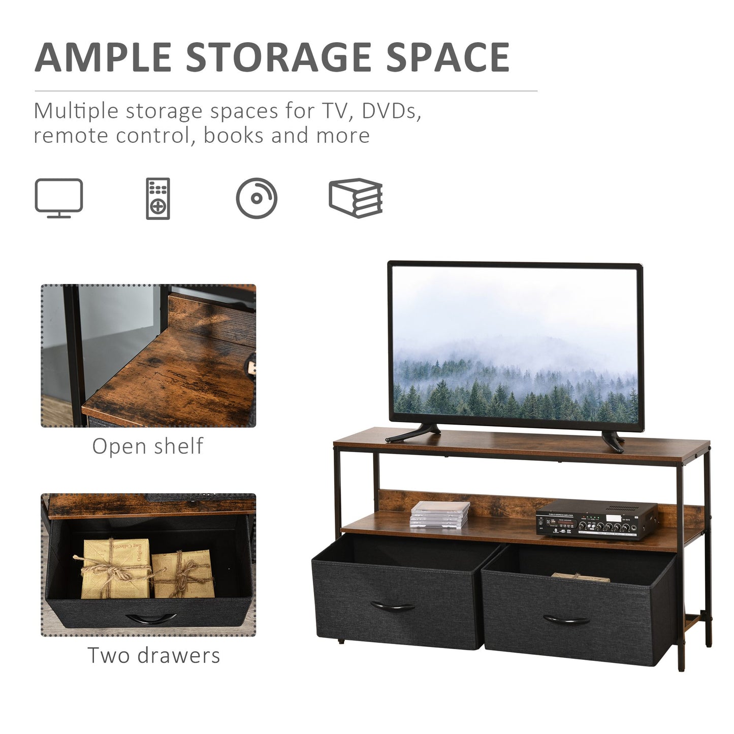 TV Cabinet Console Unit With 2 Foldable Linen Drawers, TV Stand With Shelving For Living Room, Entertainment Room, Rustic Brown