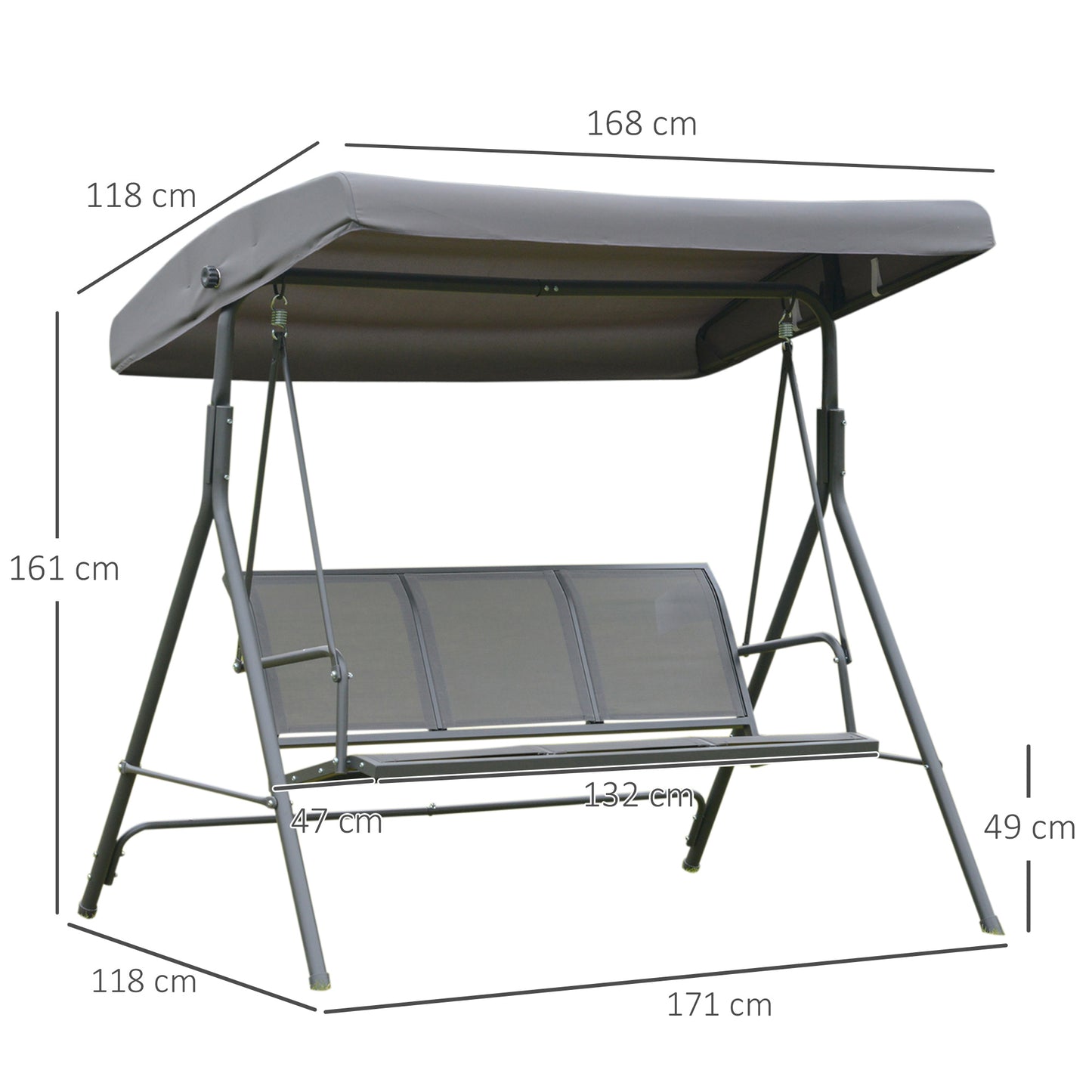 Outsunny Outdoor Garden 3 Seater Swing Chair Seat Hammock With Canopy Steel Frame - Grey
