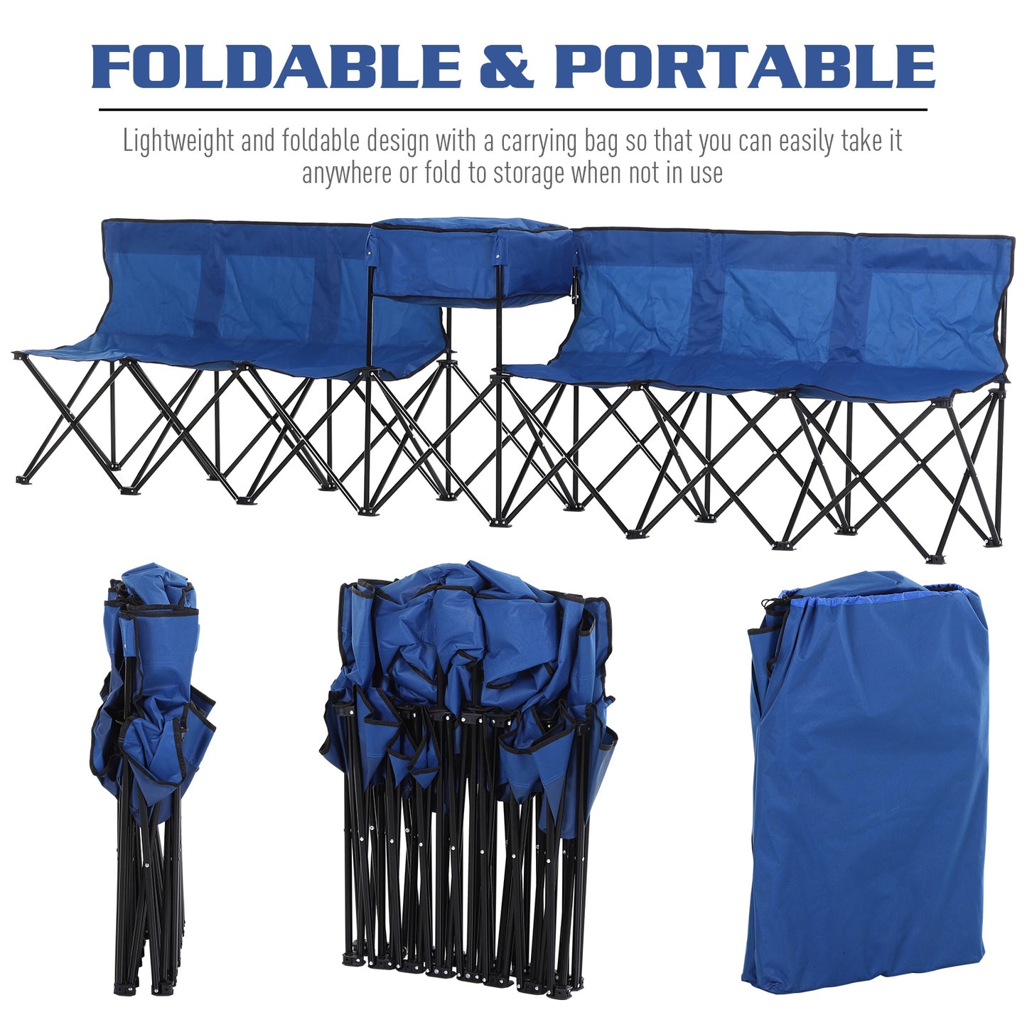 Outsunny Team Substitute Bench 6-Seater Folding Steel Camping Bench w/ Cooler Bag Blue
