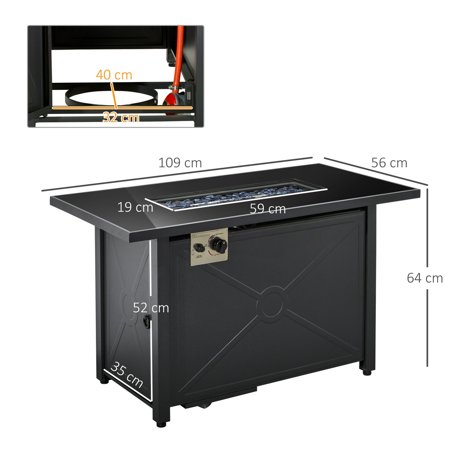 Outsunny Propane Gas Fire Pit Table, 50000BTU Smokeless Firepit Outdoor Patio Heater with Tempered Glass Tabletop, Cover, 109cm x 56cm x 64cm, Black