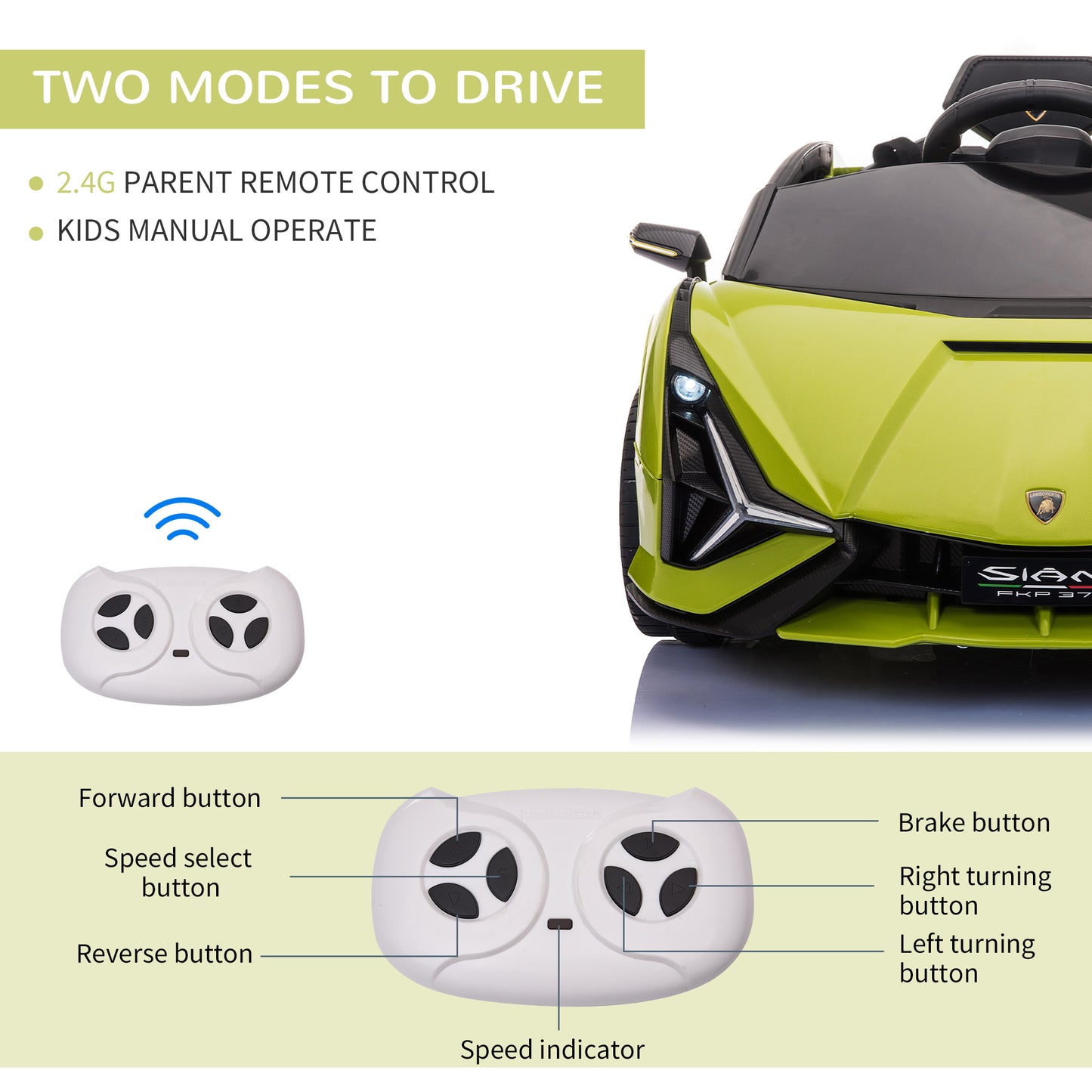 Kids Electric Ride On Car Lamborghini SIAN Toy with Parental Remote Control Lights MP3 for 3-5 Years Old Green 12V Battery-powered