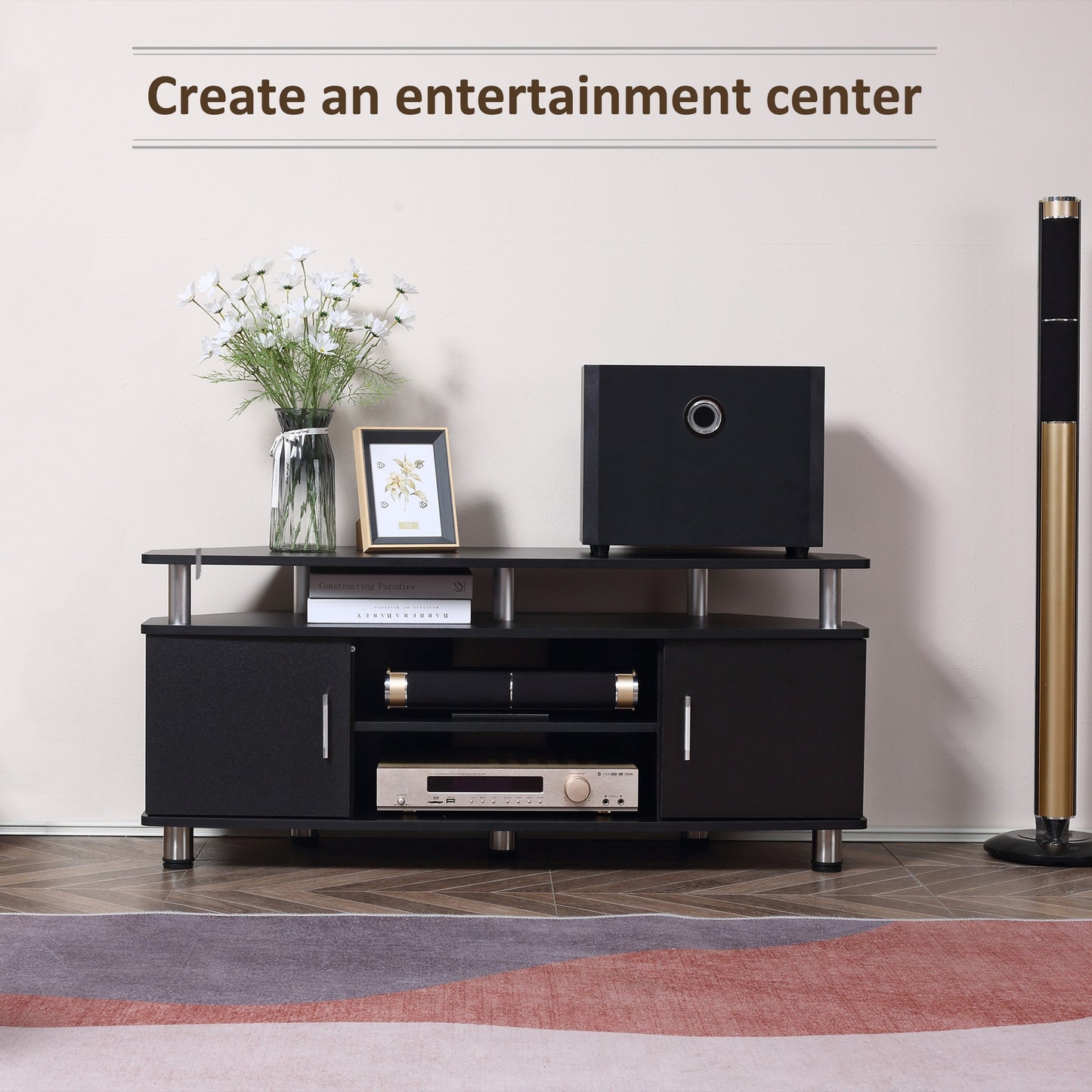 TV Unit with Storage for TVs up to 55 Inches with 2 Storage Shelves and 2 Cupboards, Entertainment Center for Living Room, Black